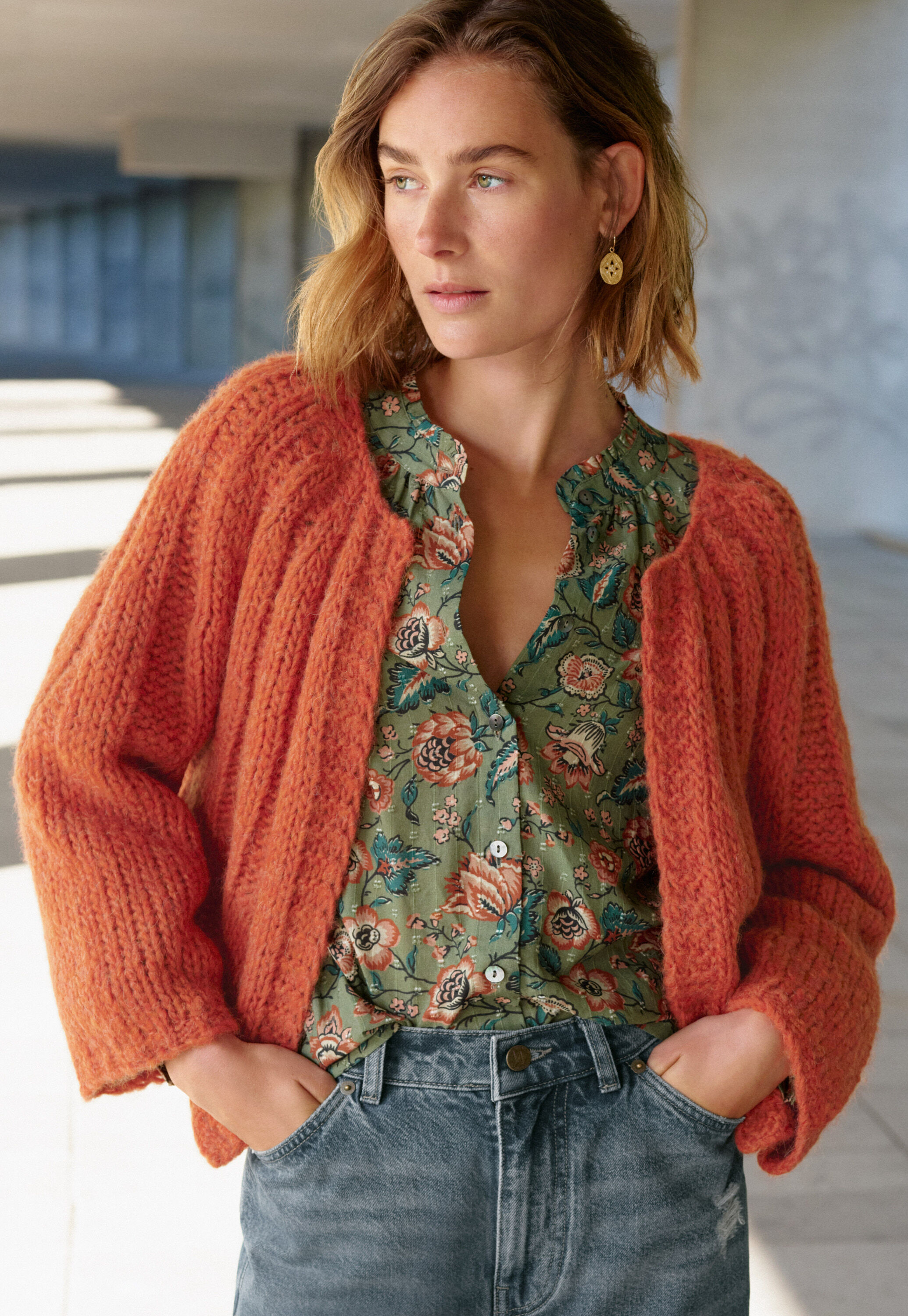 Printed Swiss-dot blouse, Olive scarlet, large