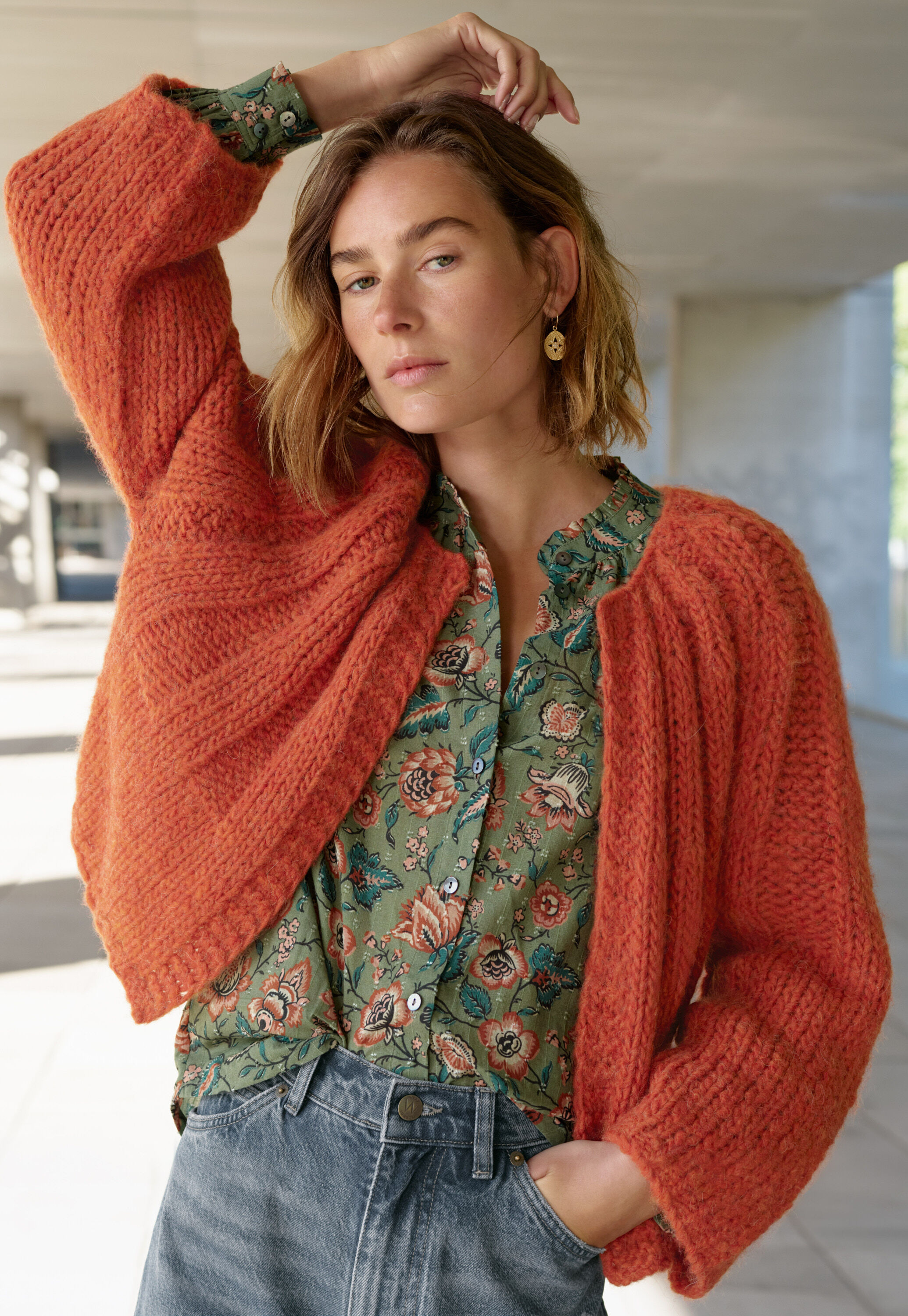 Printed Swiss-dot blouse, Olive scarlet, large