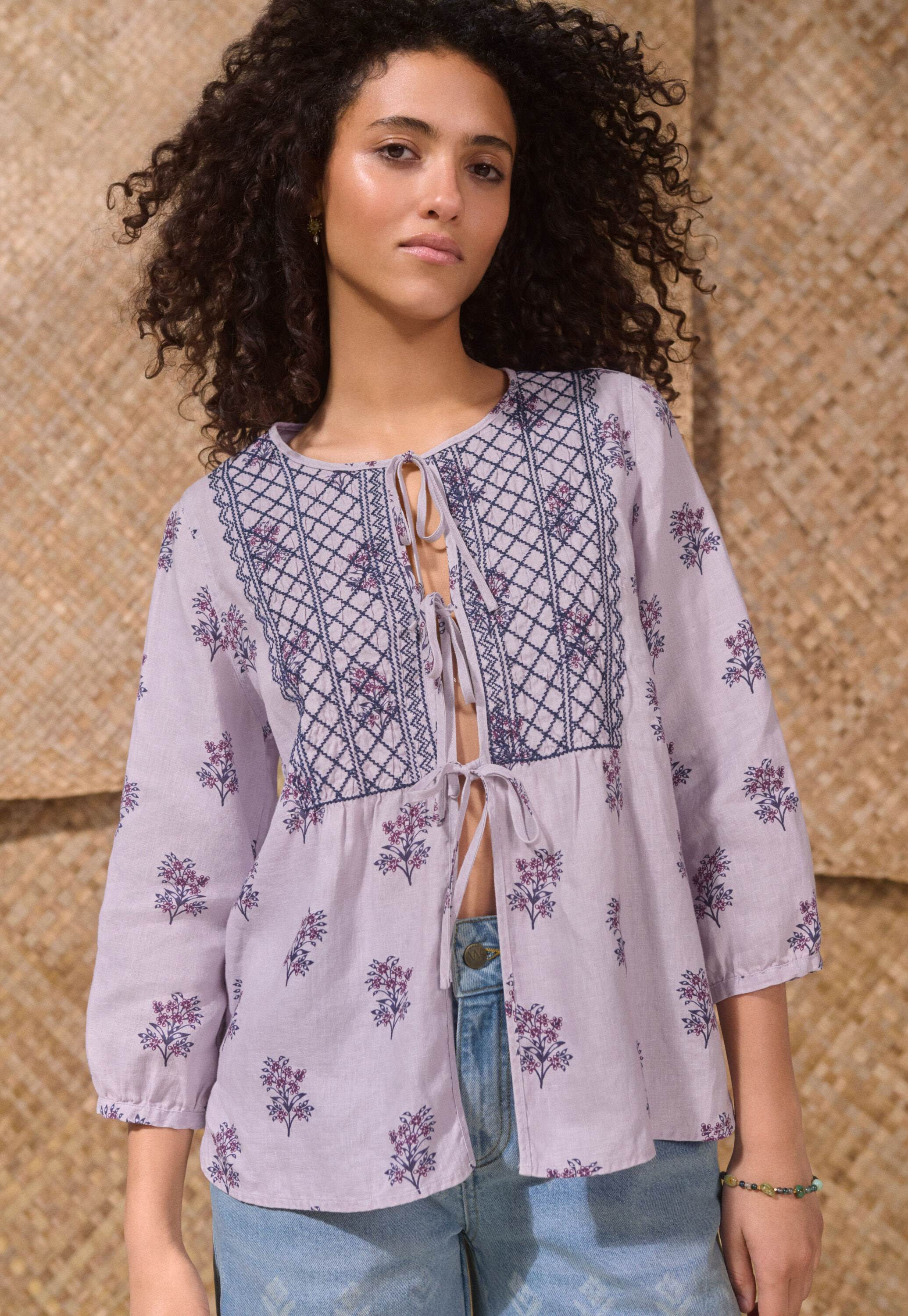 Tie-front print blouse