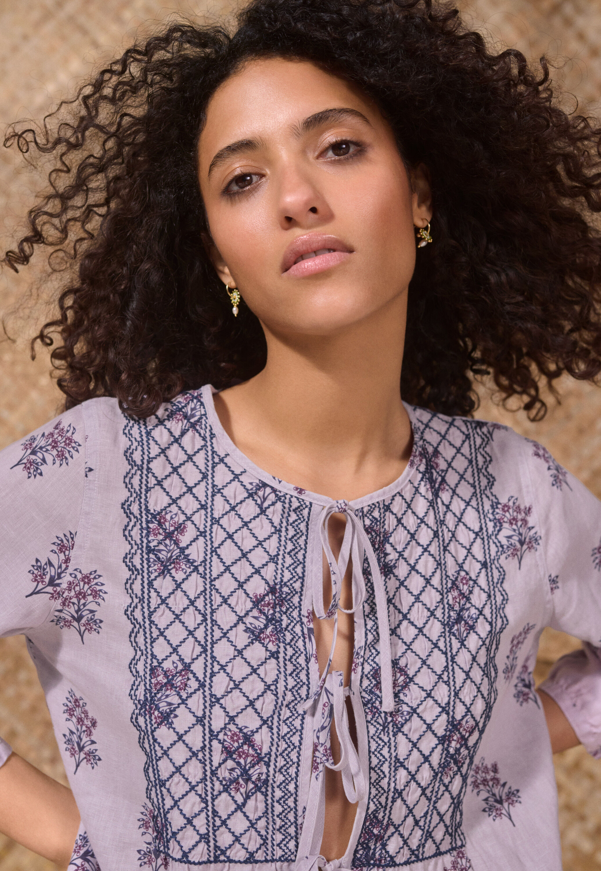 Tie-front print blouse