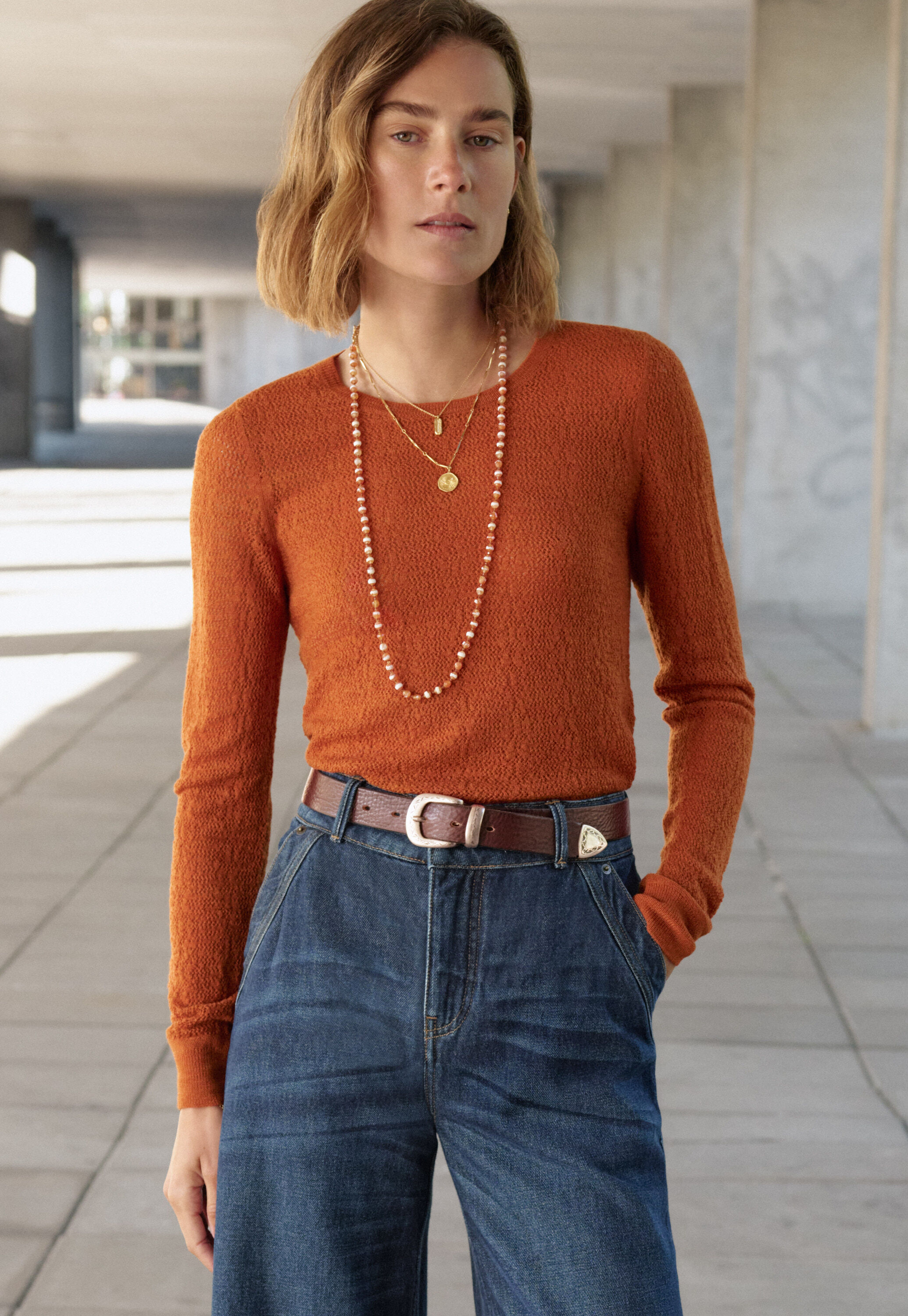 Lace-knit sweater, Orange flame, large