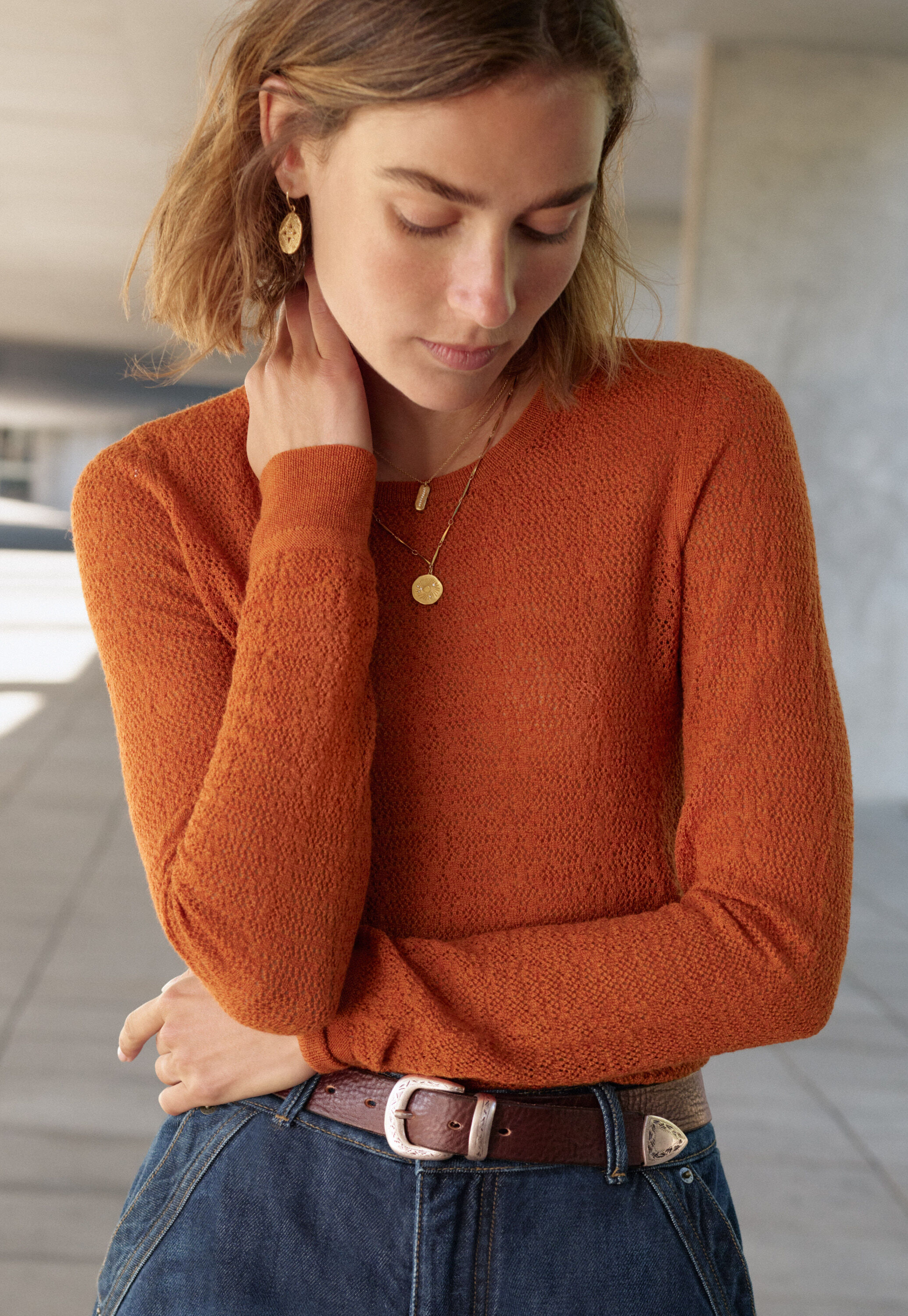 Lace-knit sweater, Orange flame, large