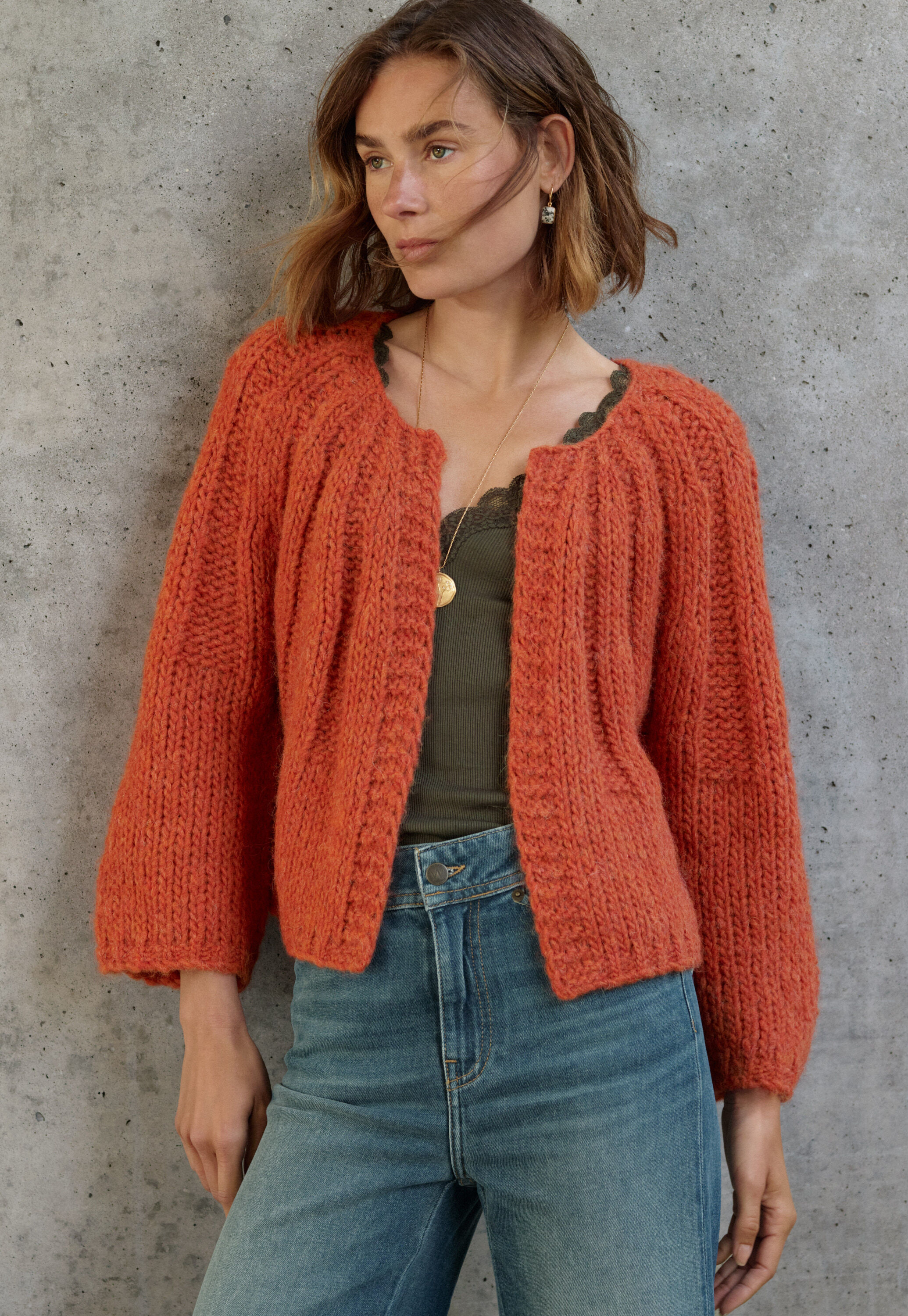 Hand-knit cardigan, Chilli orange, large