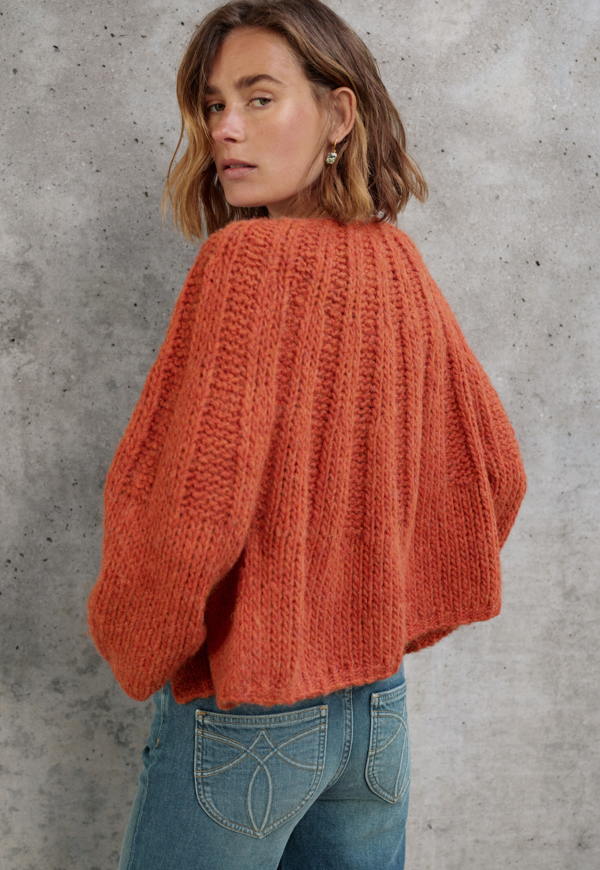 Hand-knit cardigan, Chilli orange, large