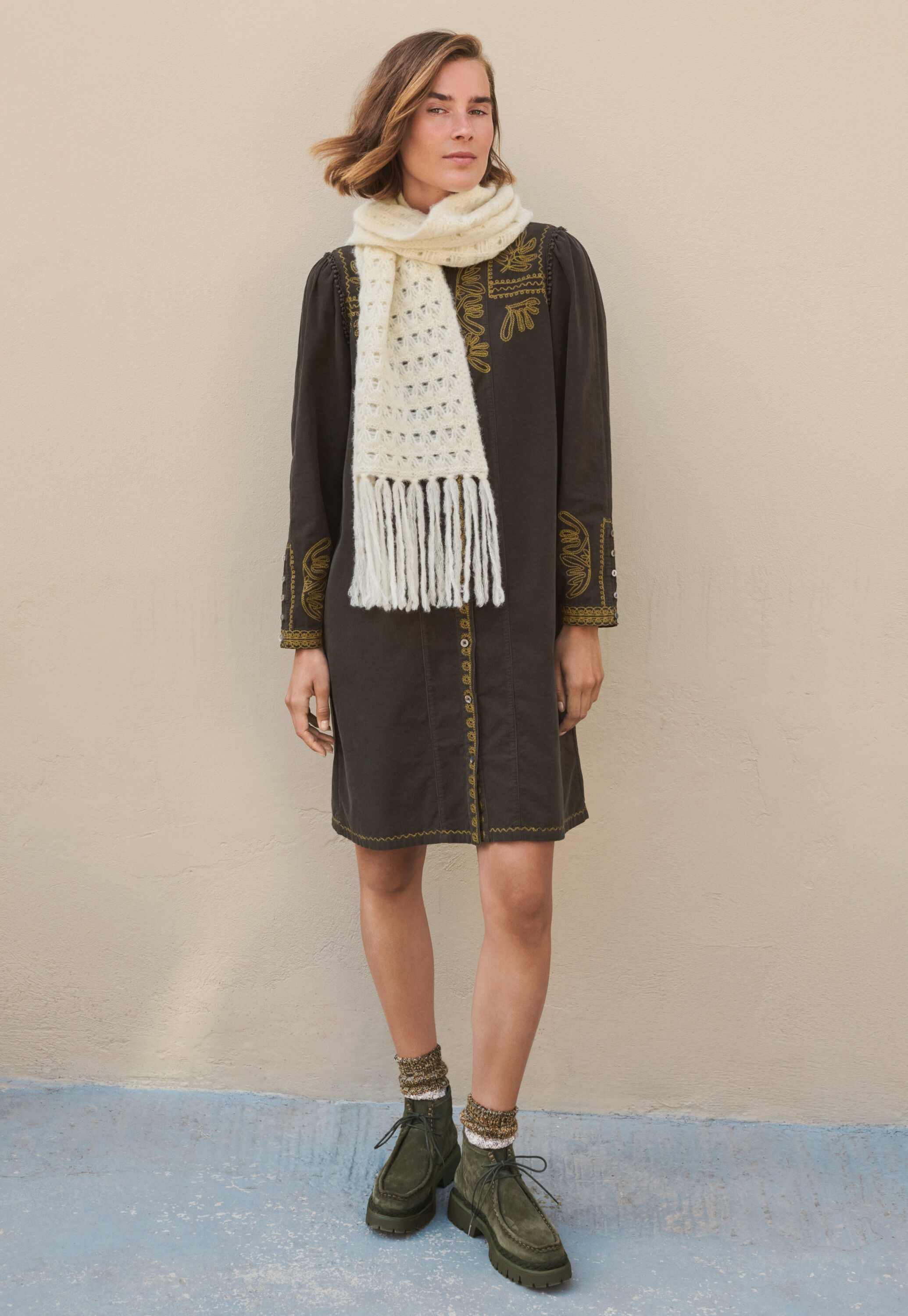 Embroidered cord shift-dress