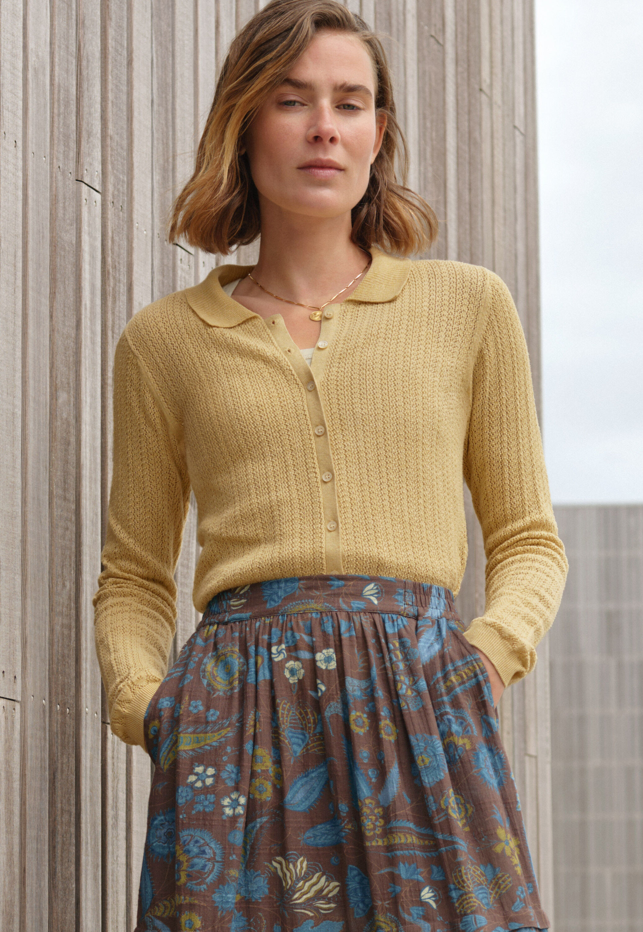 Lace-stitch collared cardigan, Butter yellow, large