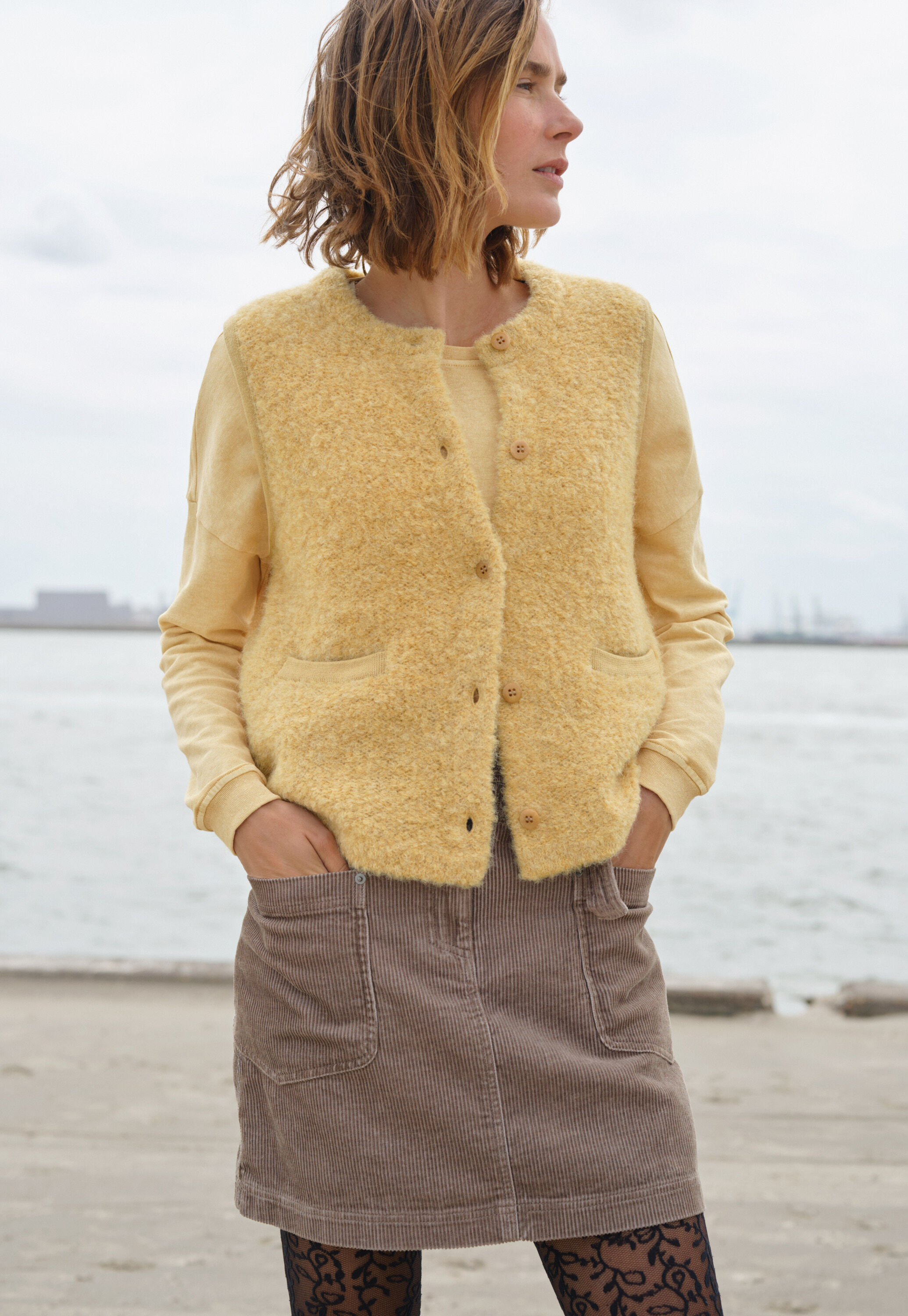 Boucl&eacute; knitted gilet, Sand yellow, large