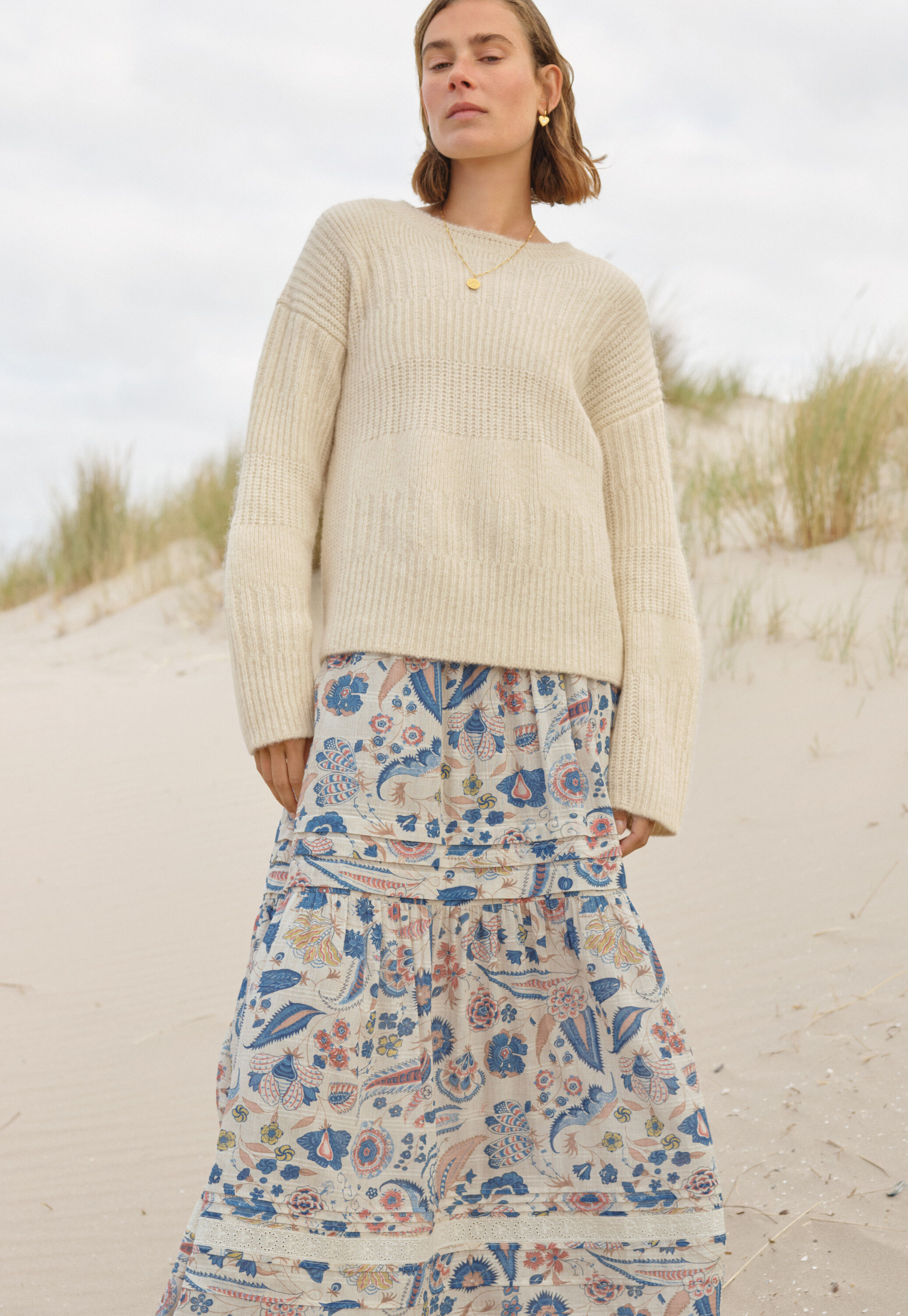 Tiered printed skirt, Ecru denim, large