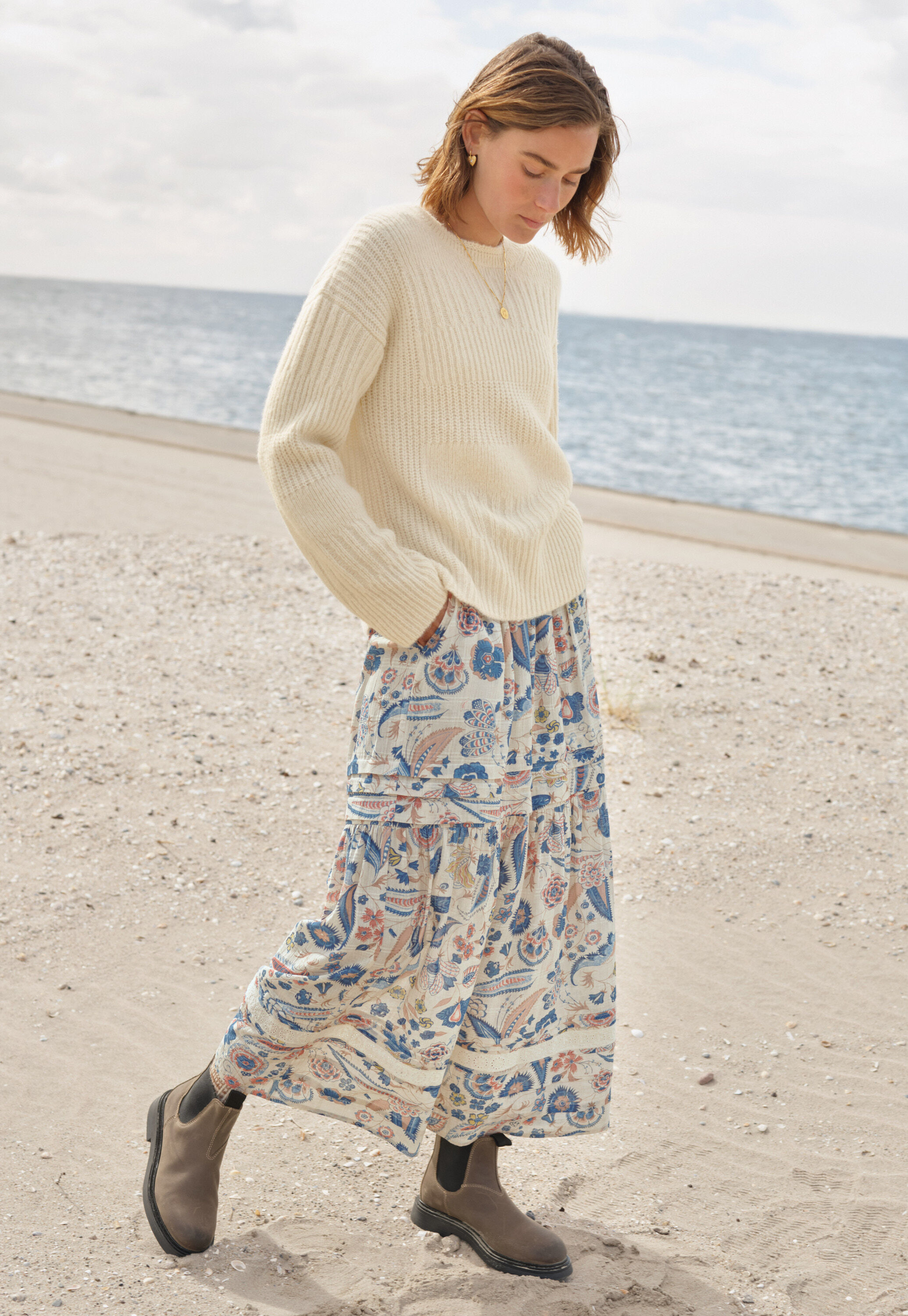 Tiered printed skirt, Ecru denim, large