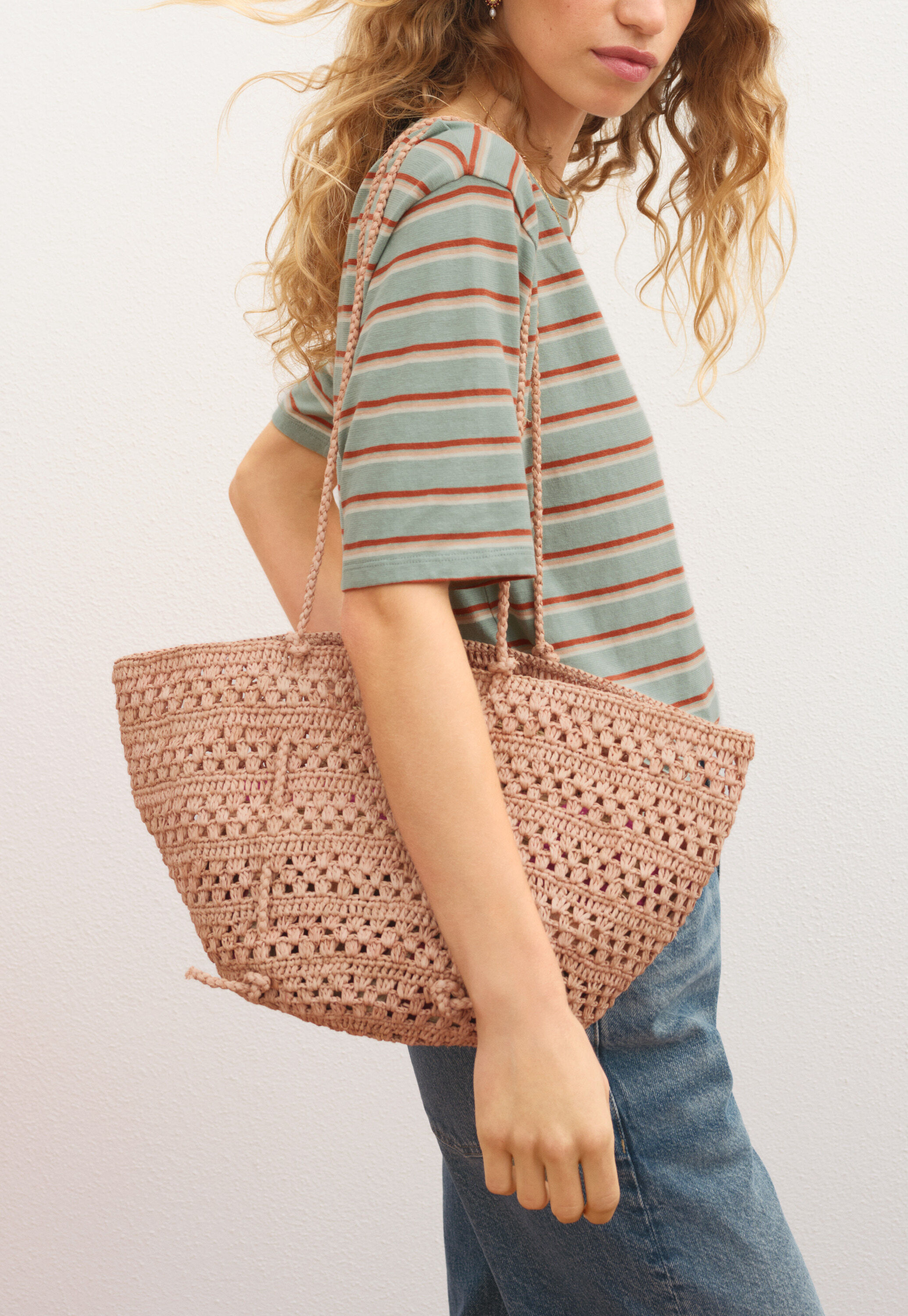 Woven shoulder-bag, Powder pink, large