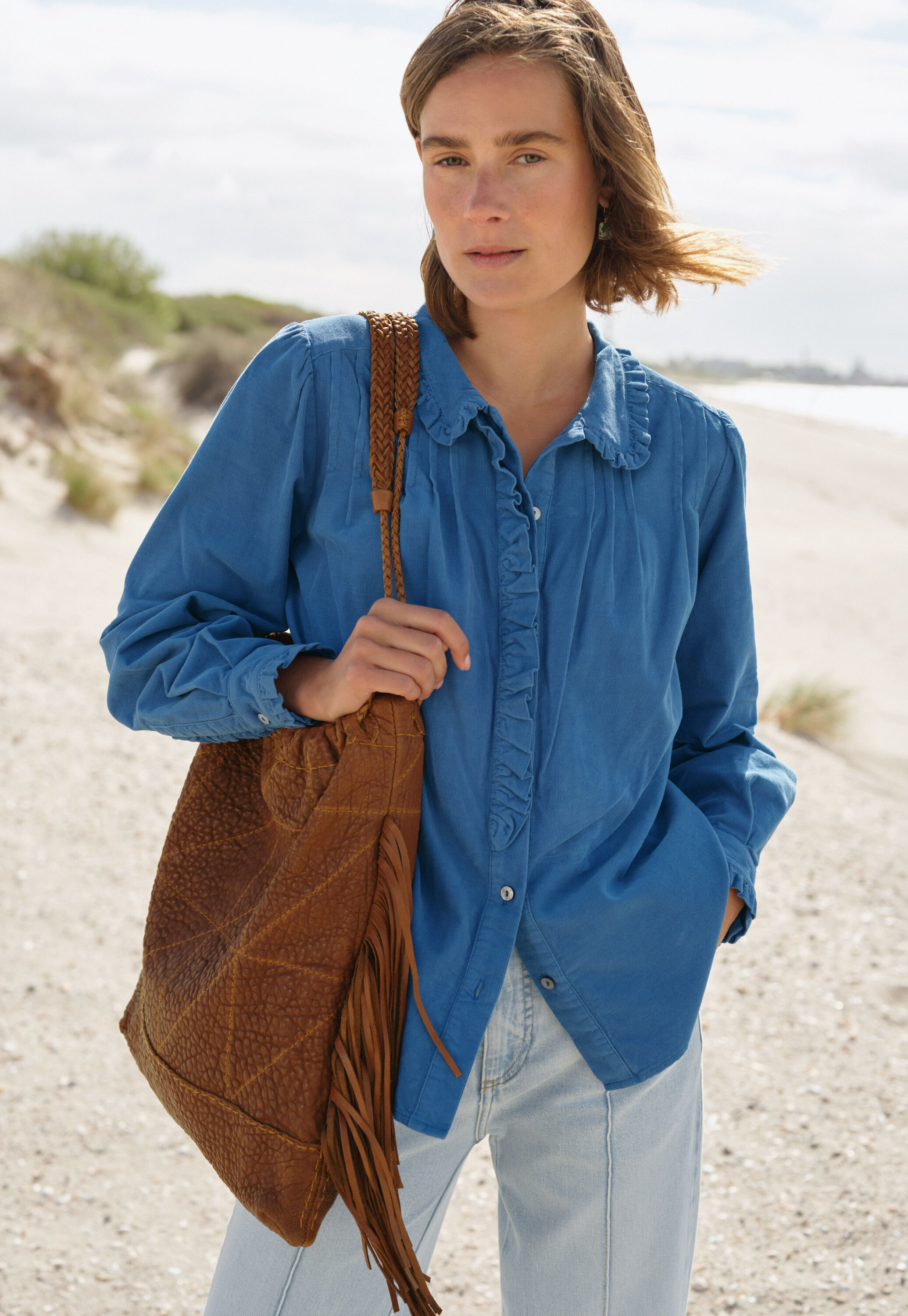 Cord pleated blouse, Cobalt, large