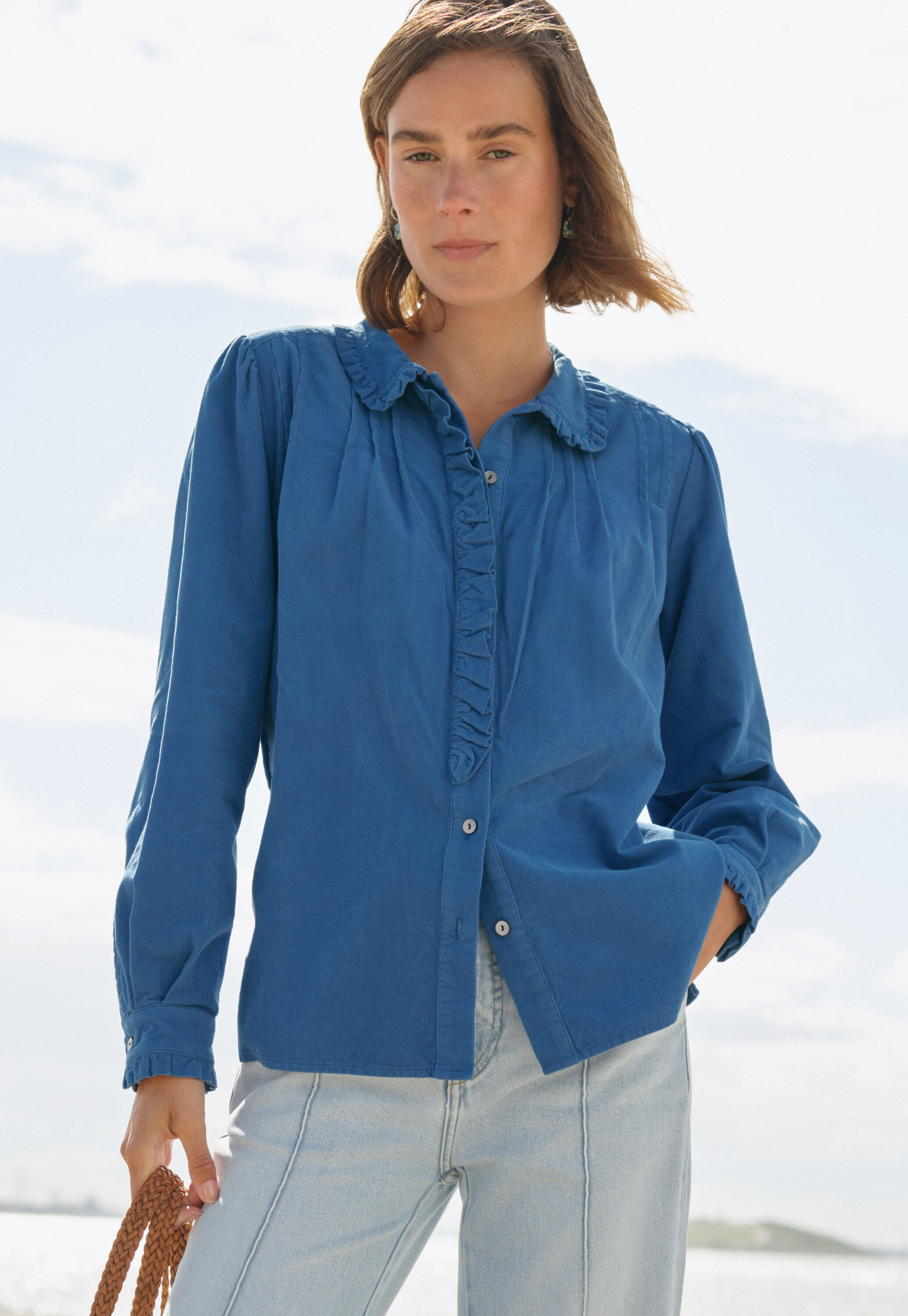 Cord pleated blouse, Cobalt, large