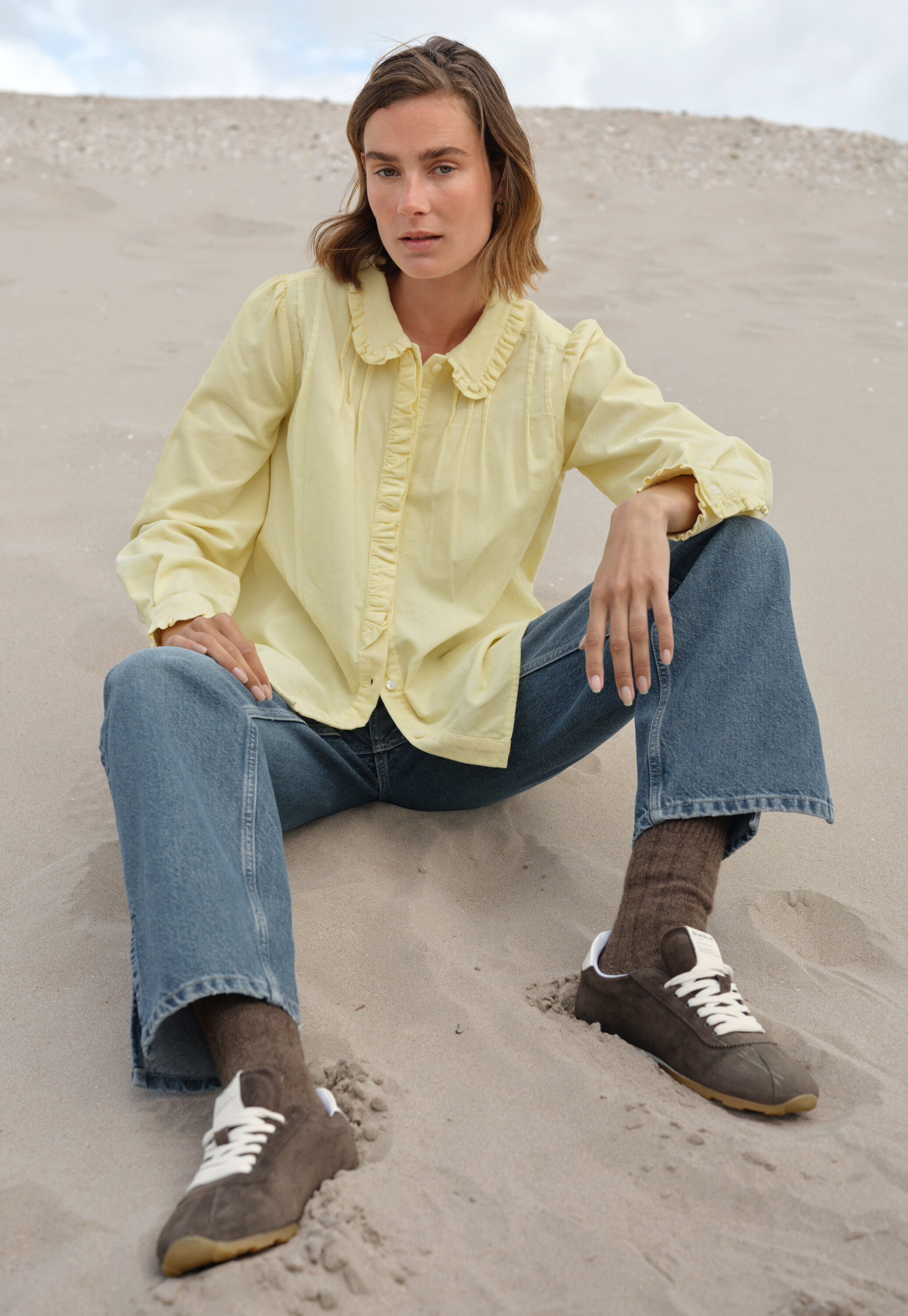 Cord pleated blouse, Butter yellow, large