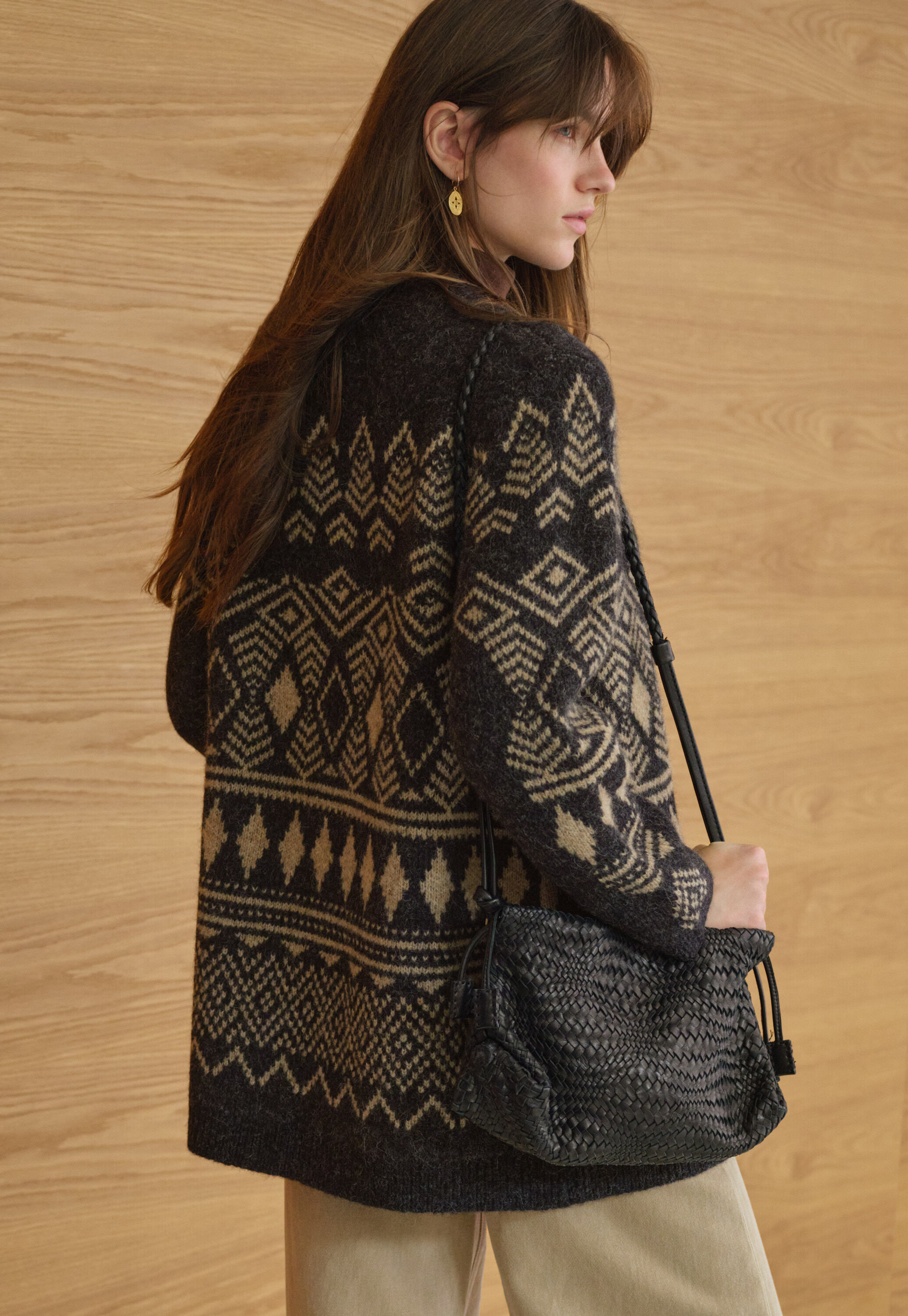 Long jacquard cardigan, Charcoal sand, large
