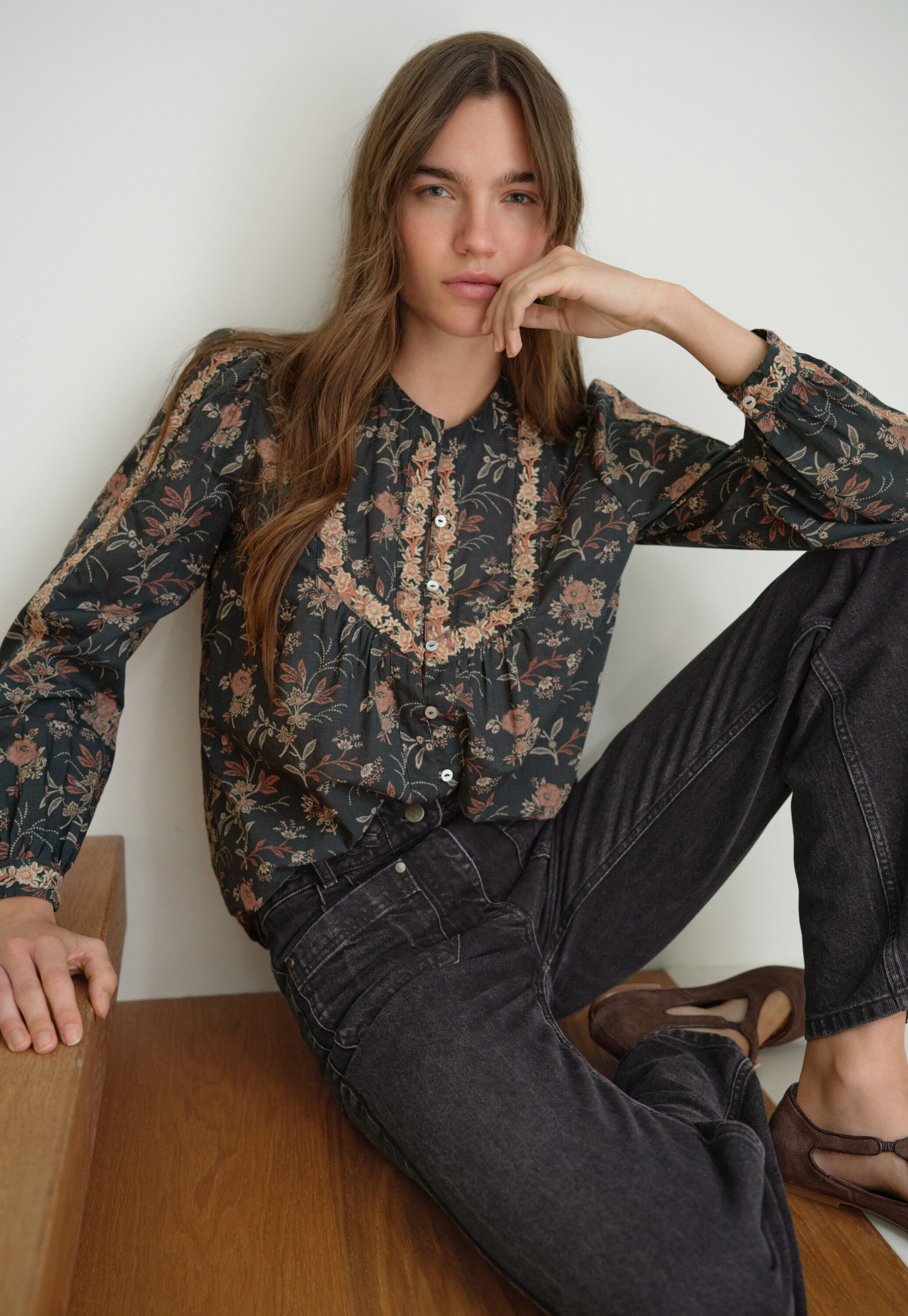 Embroidered printed blouse, Charcoal, large