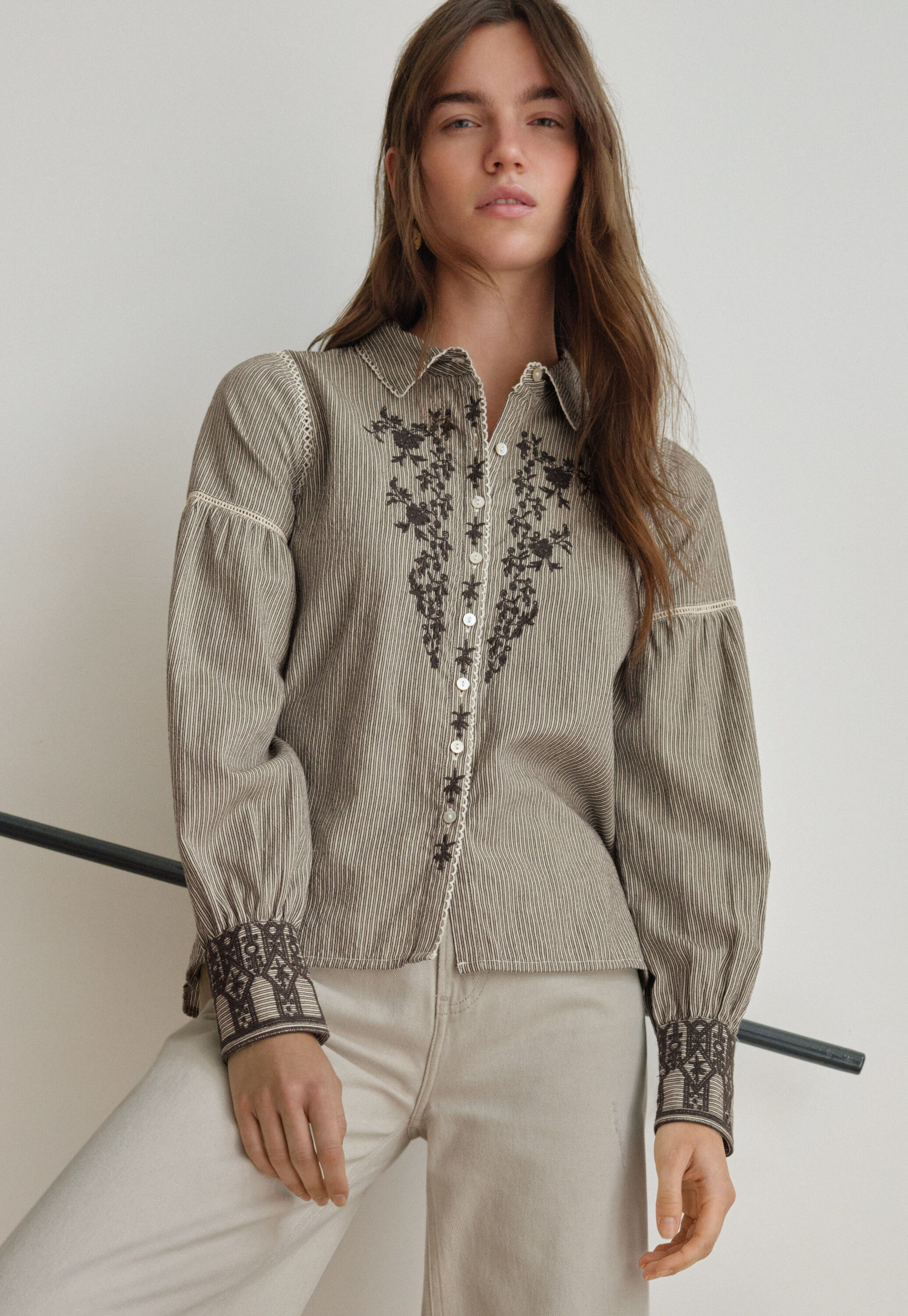 Embroidered self-stripe blouse, Charcoal ecru, large