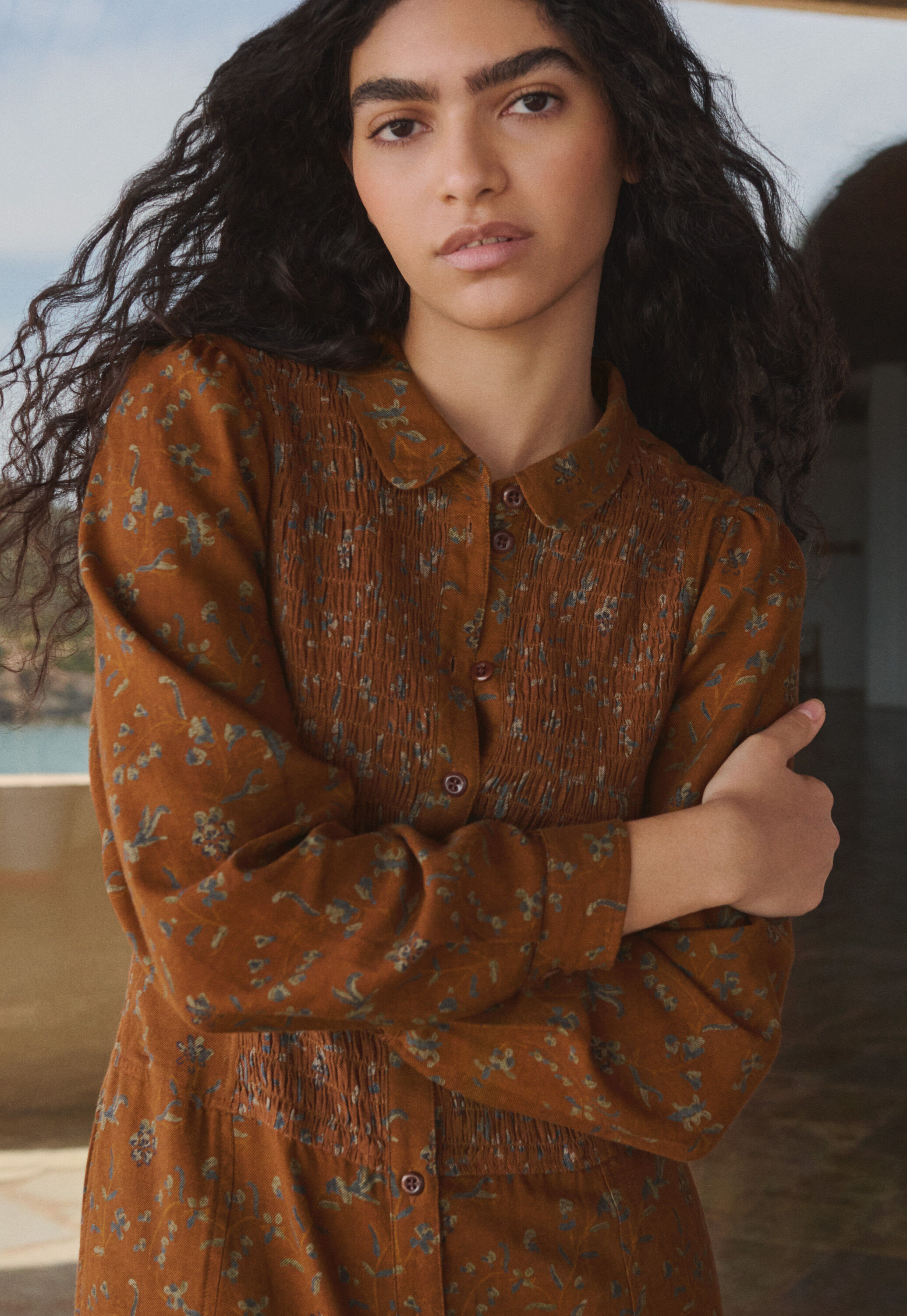 Printed shirred dress