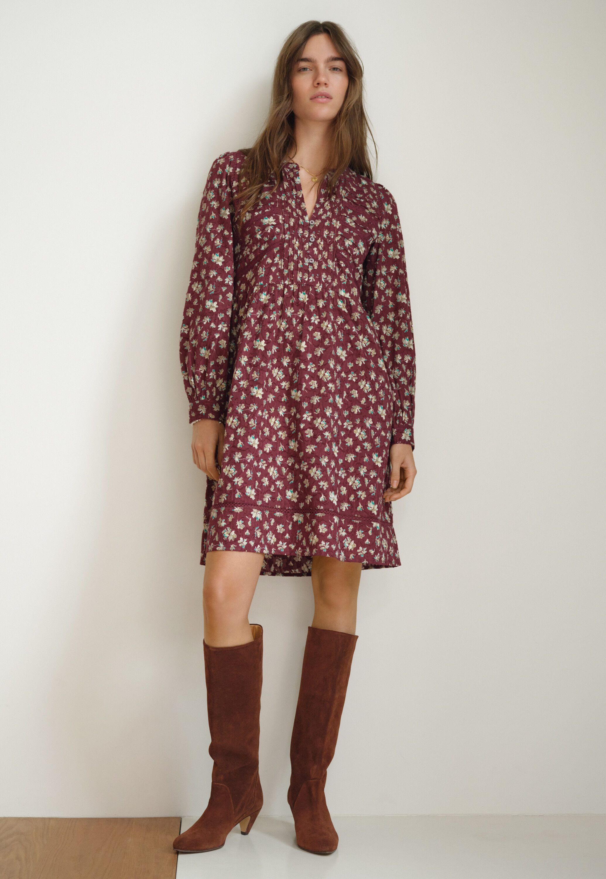 Printed short dress, Wine, large