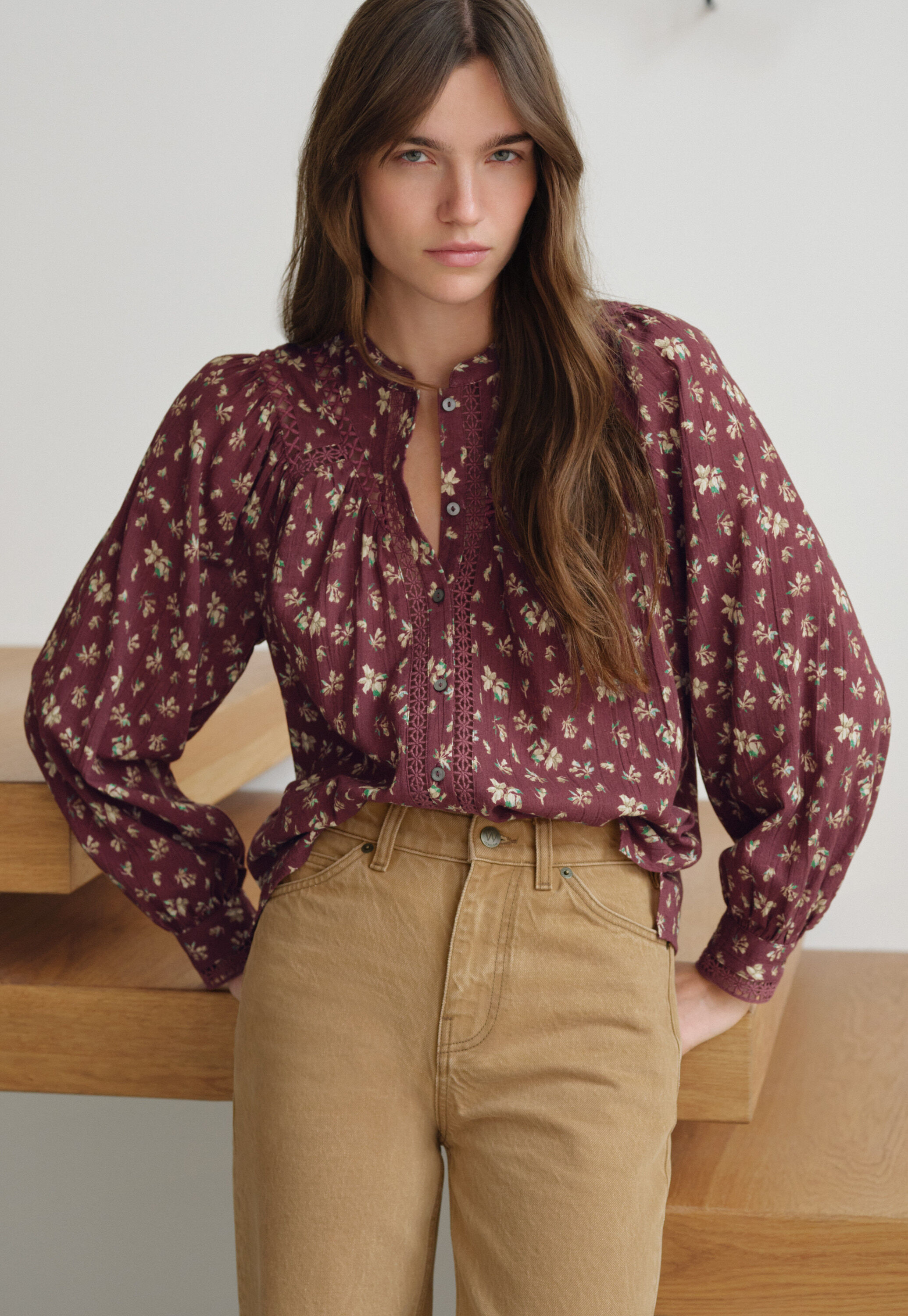 Printed gauze blouse, Wine, large
