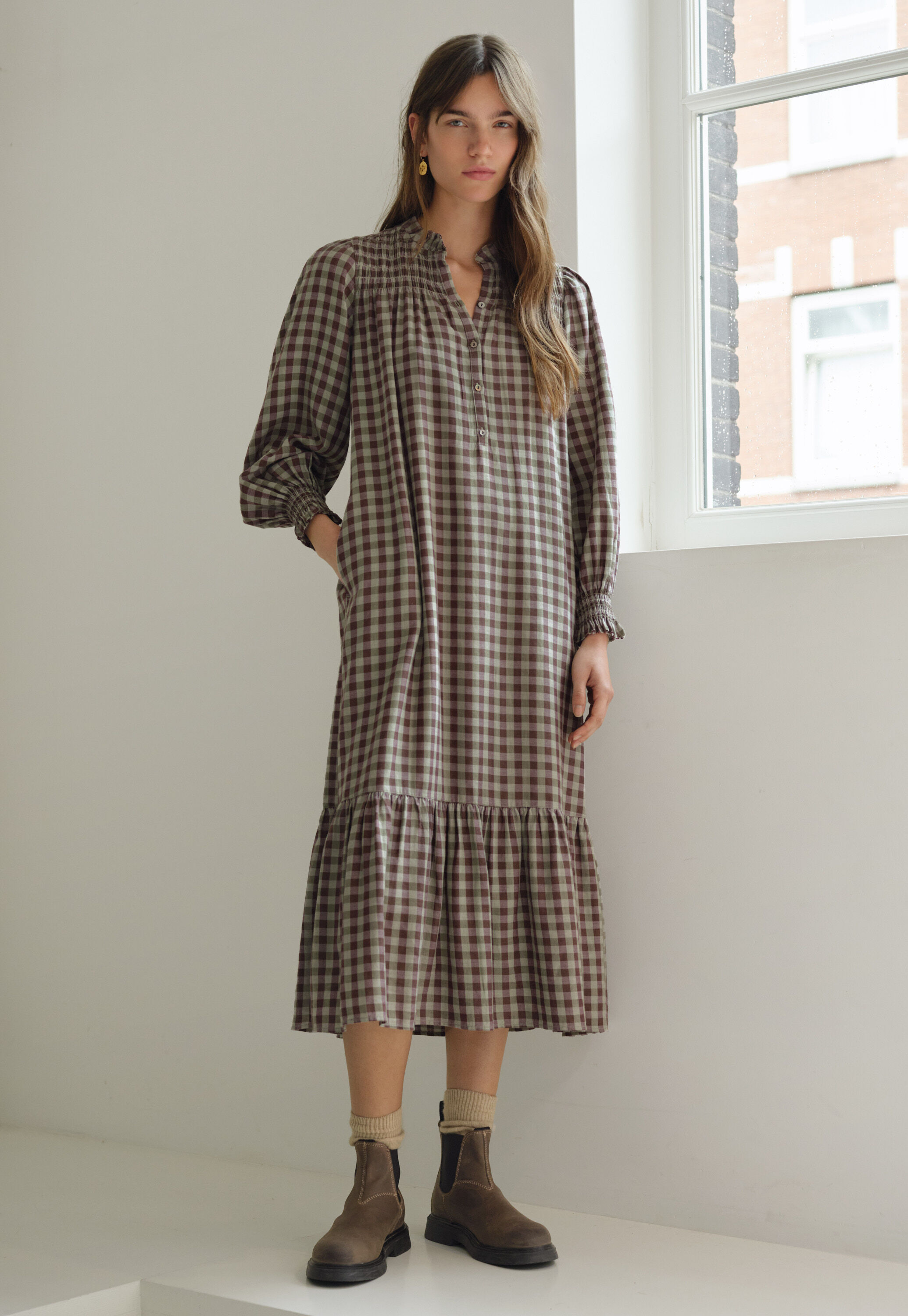 Smocked check dress, Sage plum, large