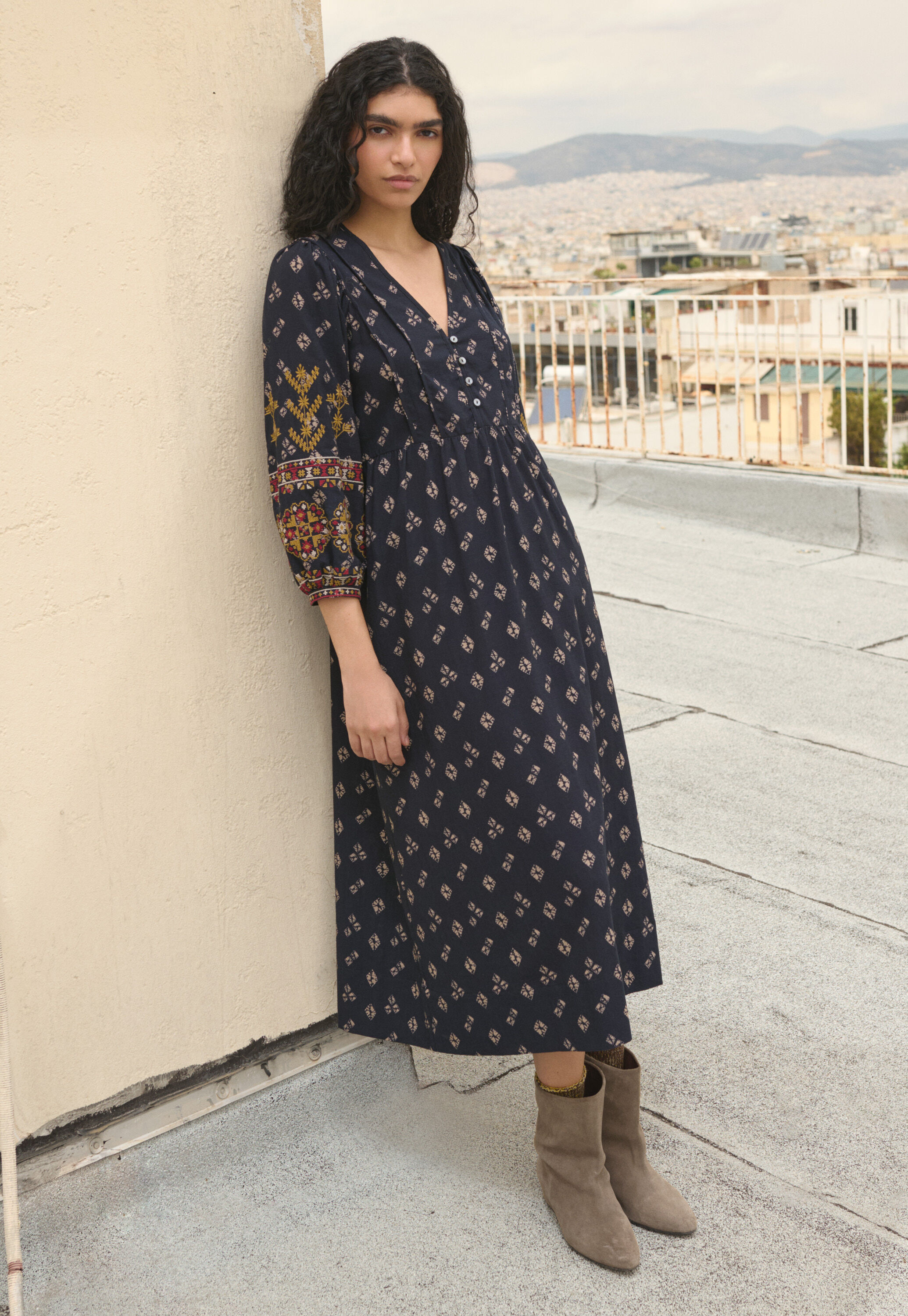 Embroidered printed dress