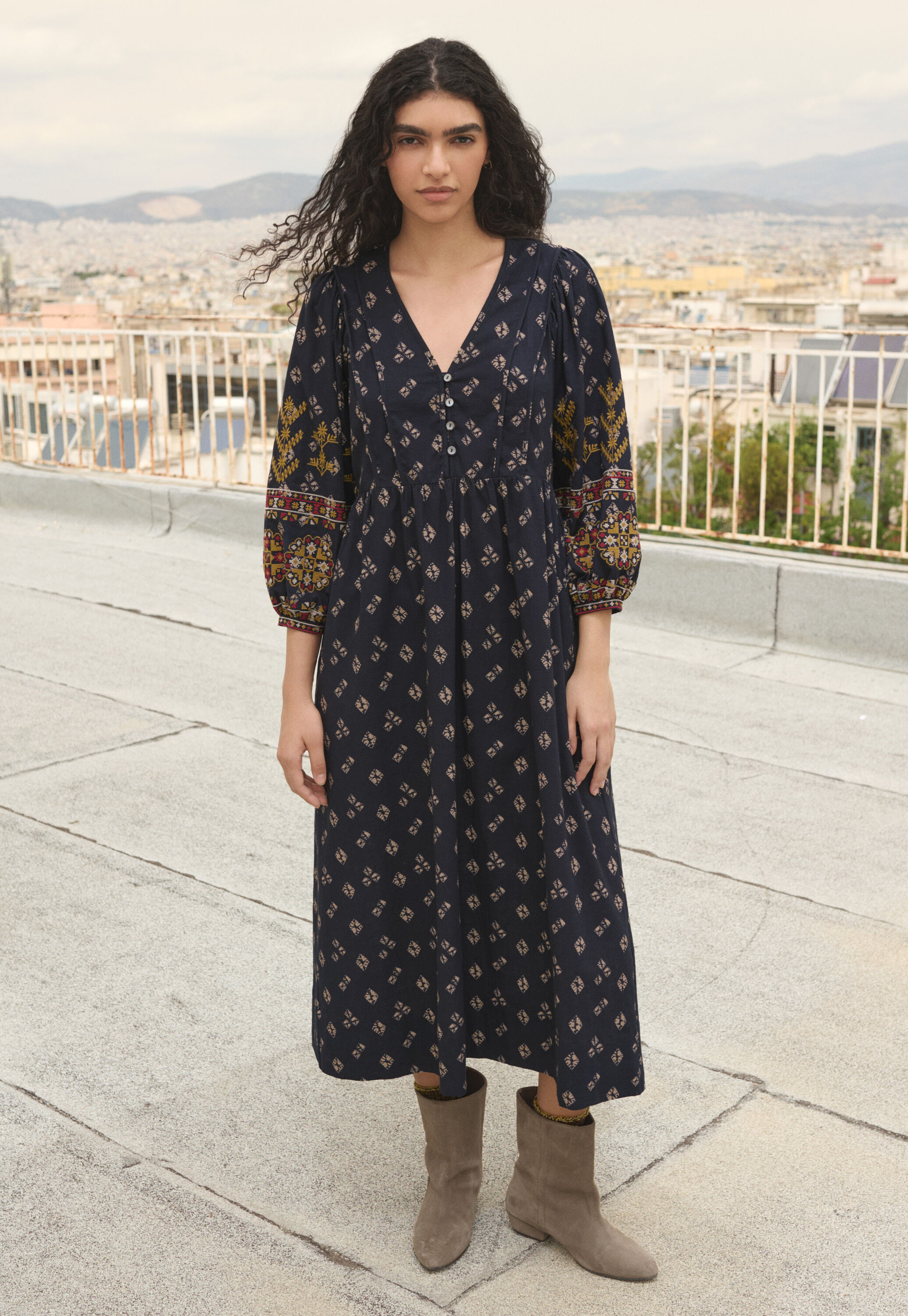 Embroidered printed dress
