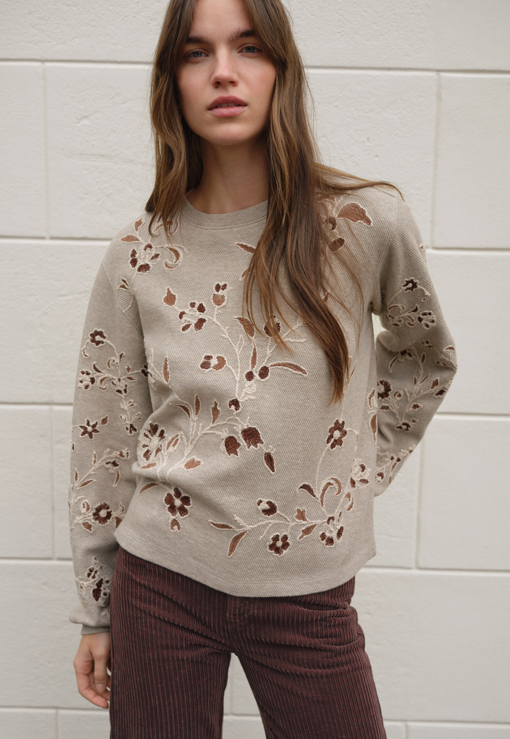 Embroidered jersey top, Light taupe, large