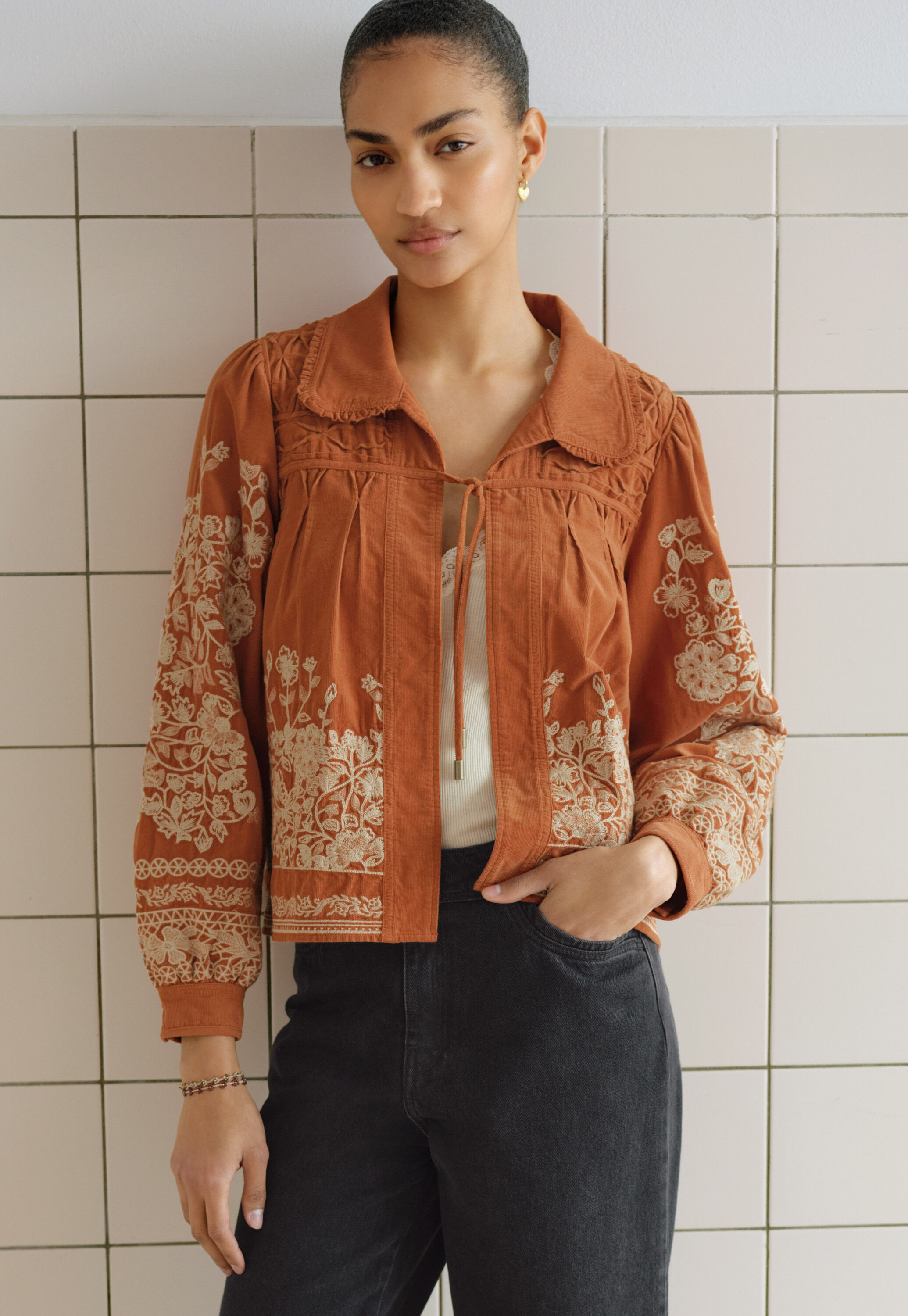 Embroidered cord jacket, Rust, large