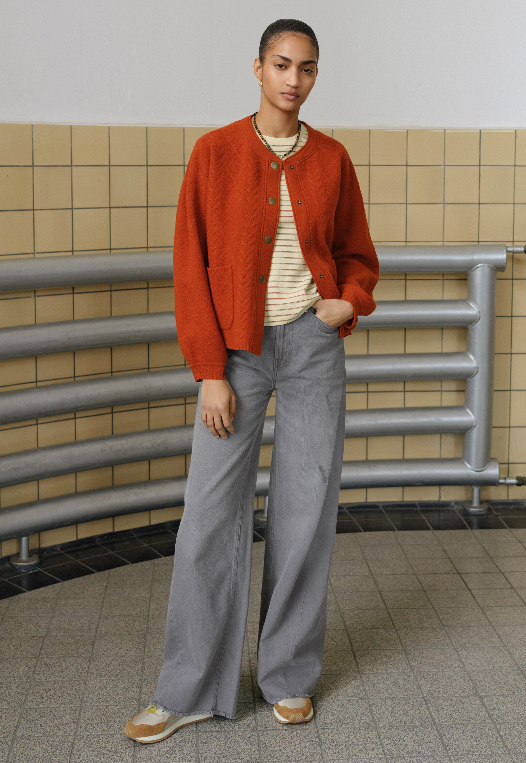 Cable-stitch bomber jacket, Red copper, large