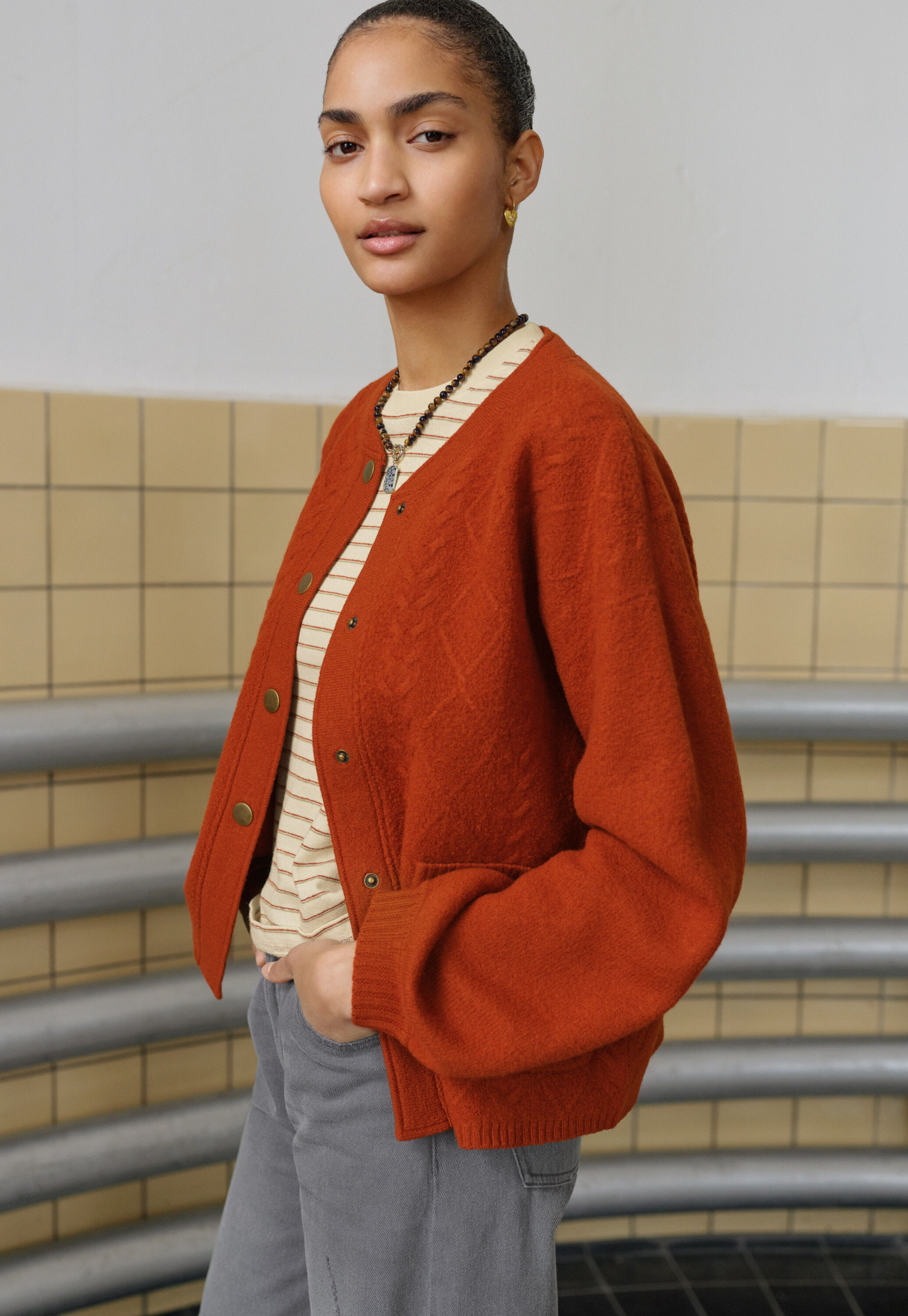 Cable-stitch bomber jacket, Red copper, large