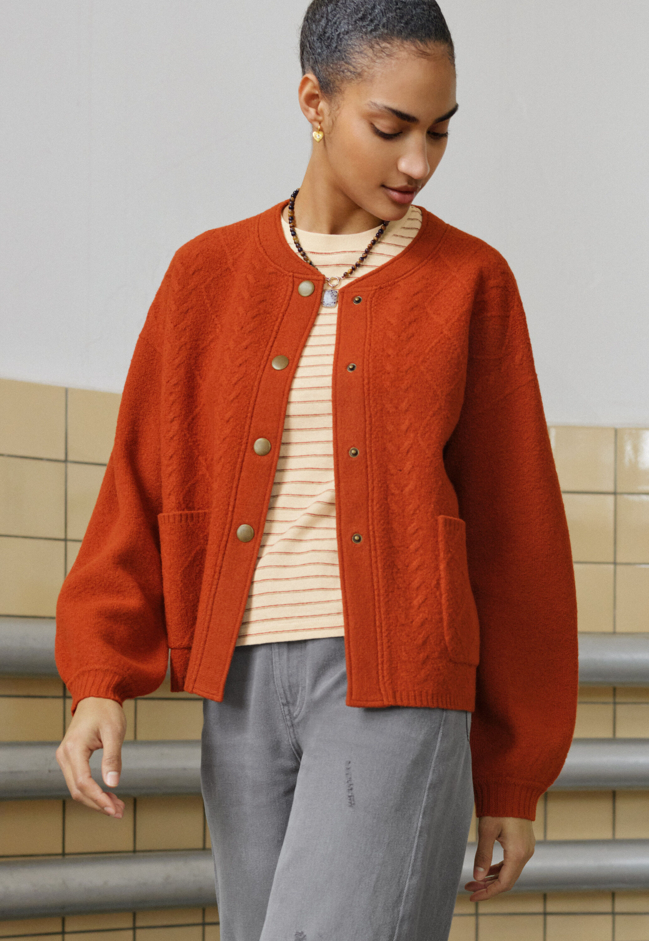 Cable-stitch bomber jacket