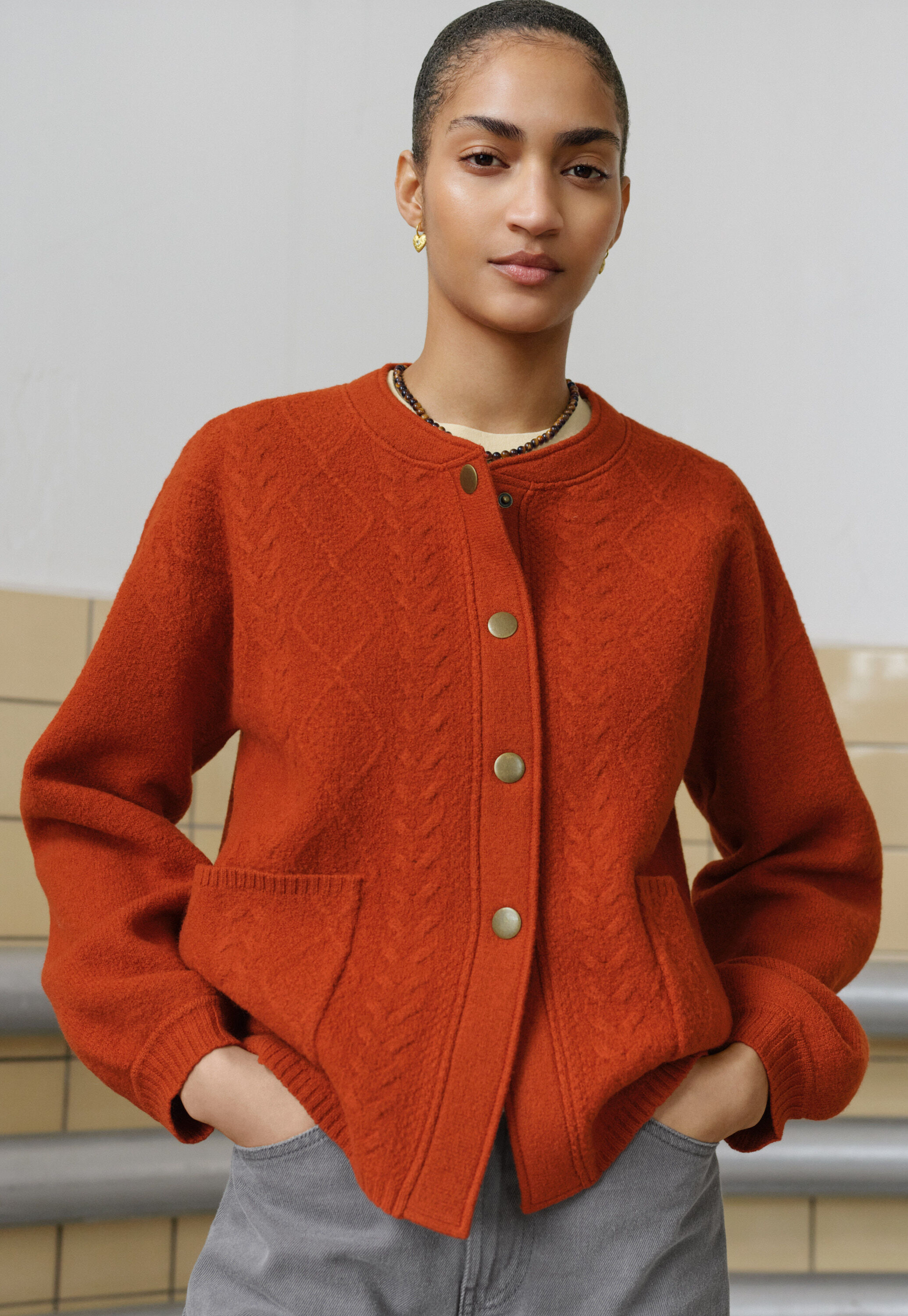 Cable-stitch bomber jacket, Red copper, large