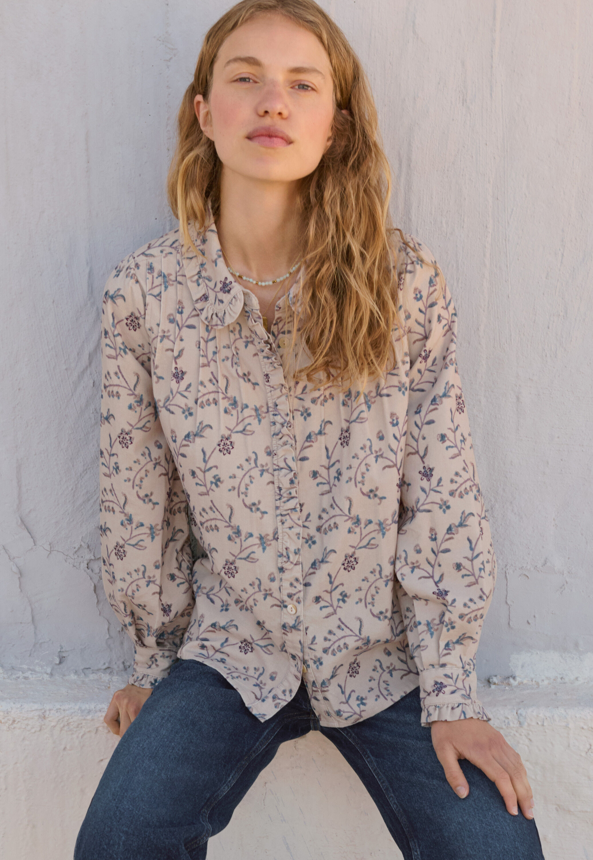 Printed pleated cord blouse