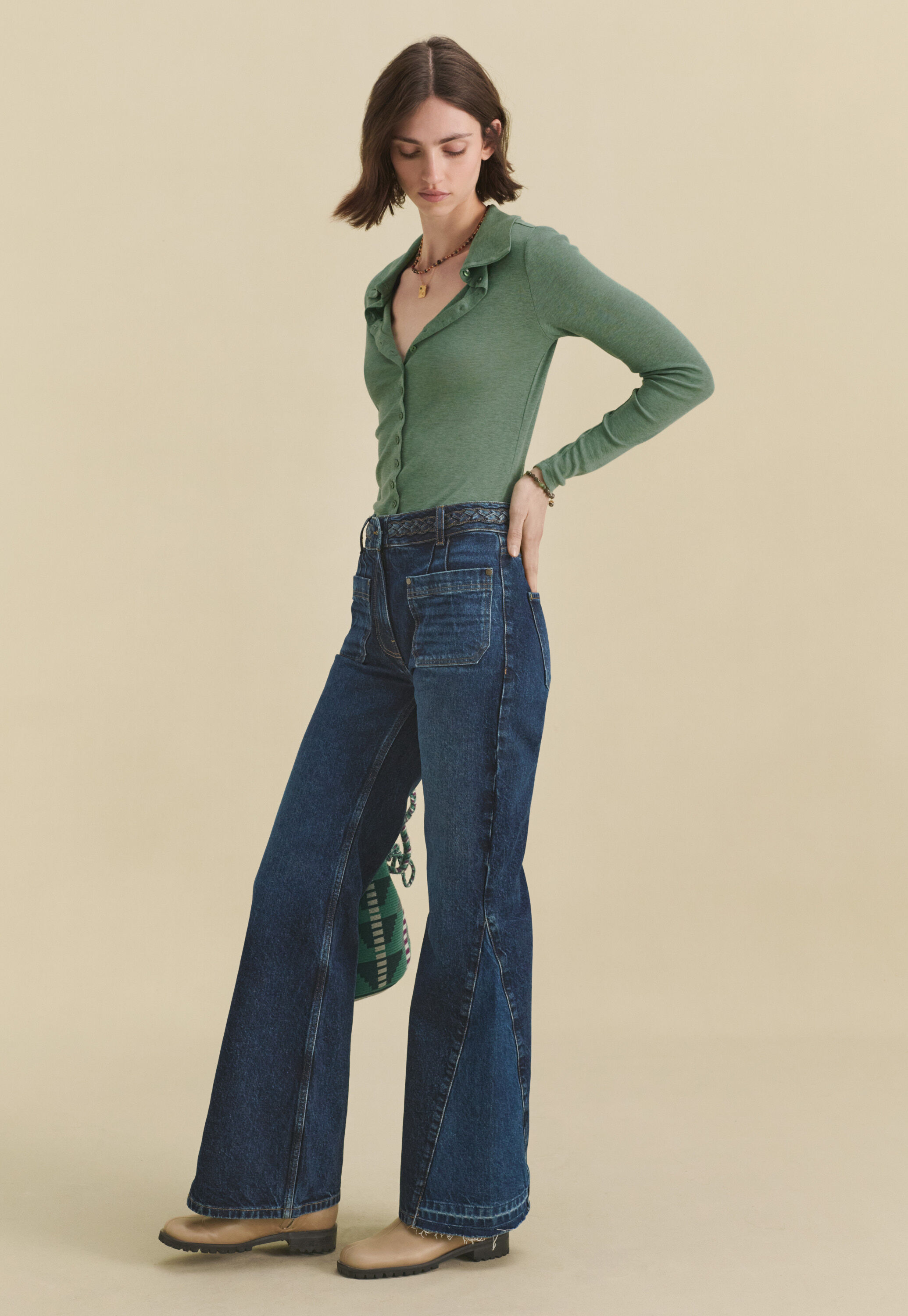 Mixed-wash flared jeans