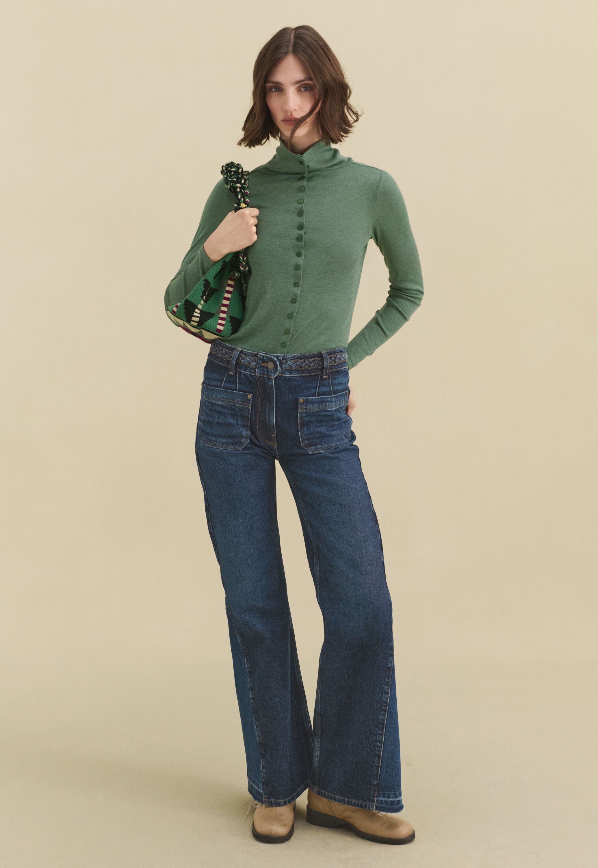 Mixed-wash flared jeans