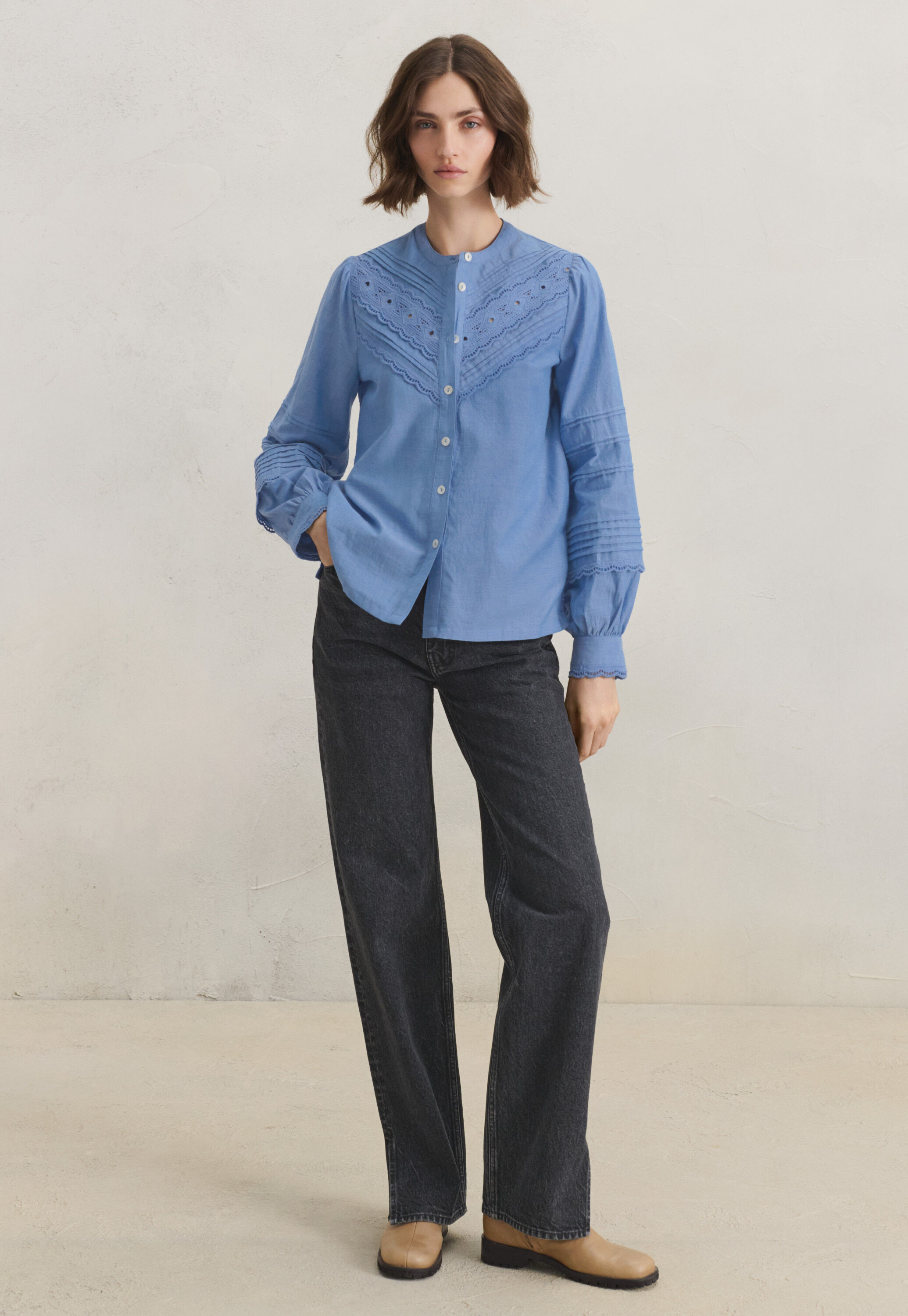 Chambray pintuck blouse