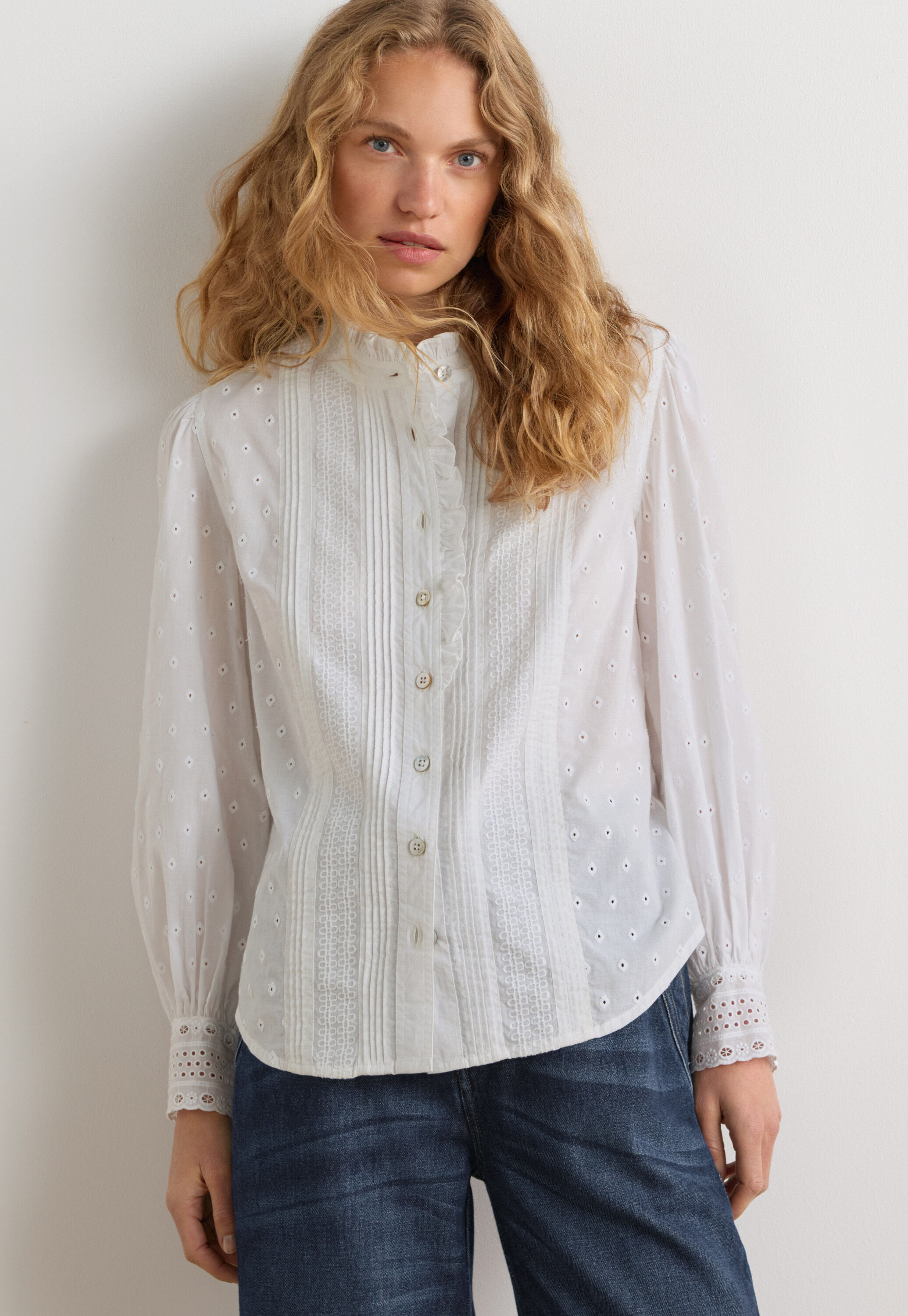 Ruffle-neck broderie blouse