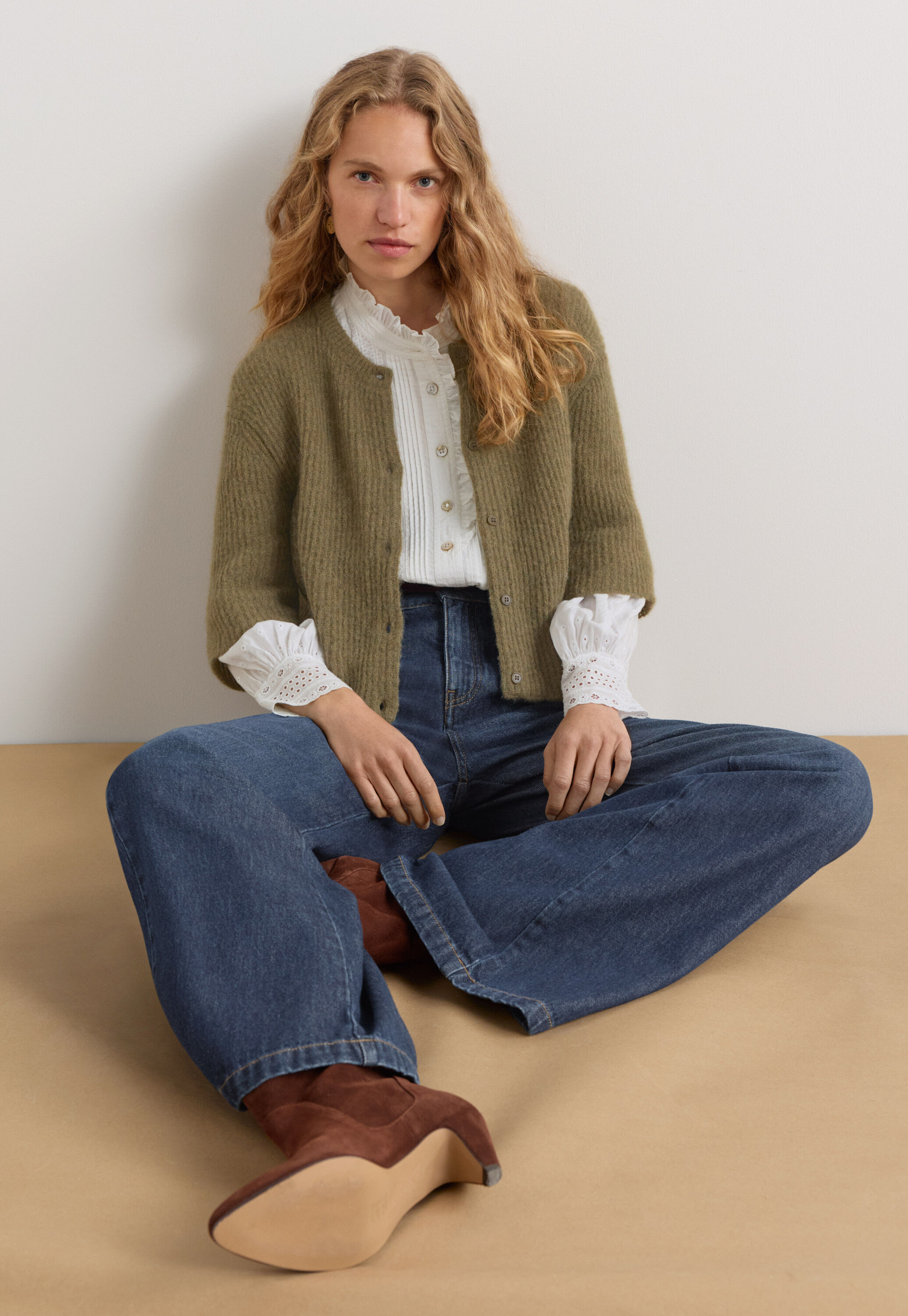 Ruffle-neck broderie blouse