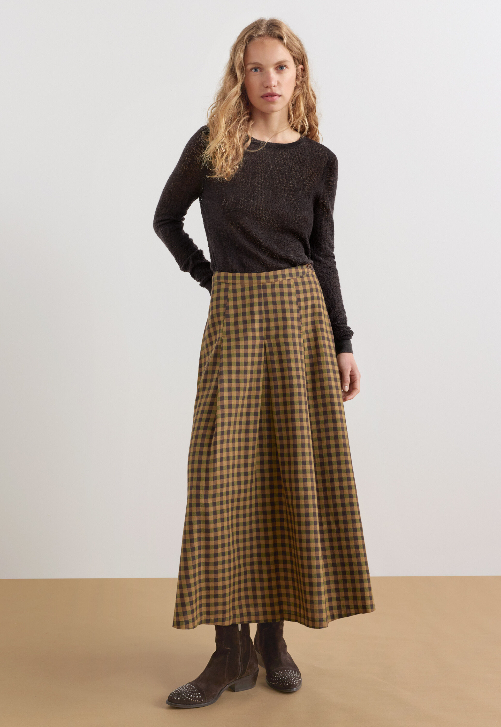 Gingham check skirt, Sepia coffee, large