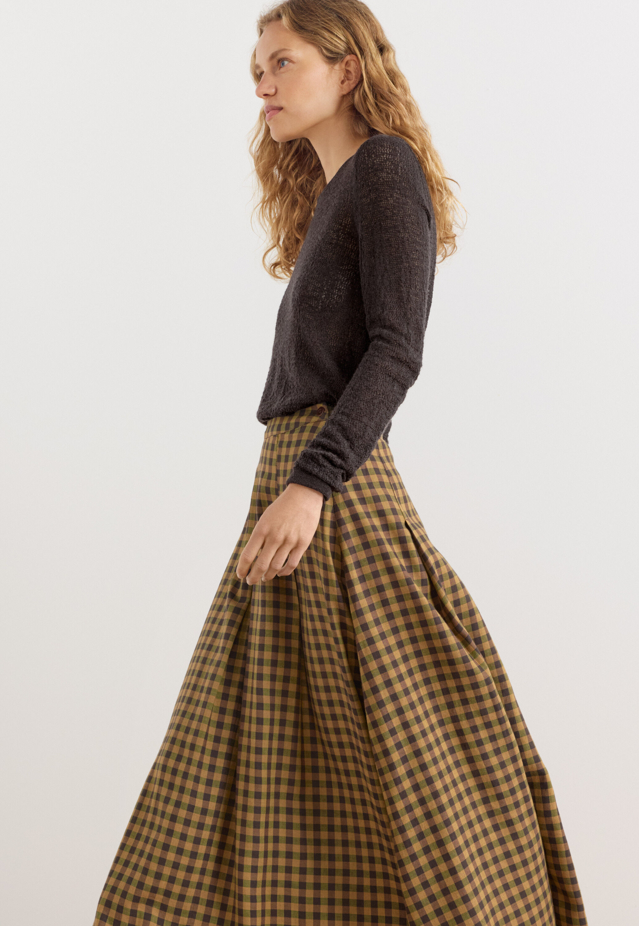 Gingham check skirt, Sepia coffee, large