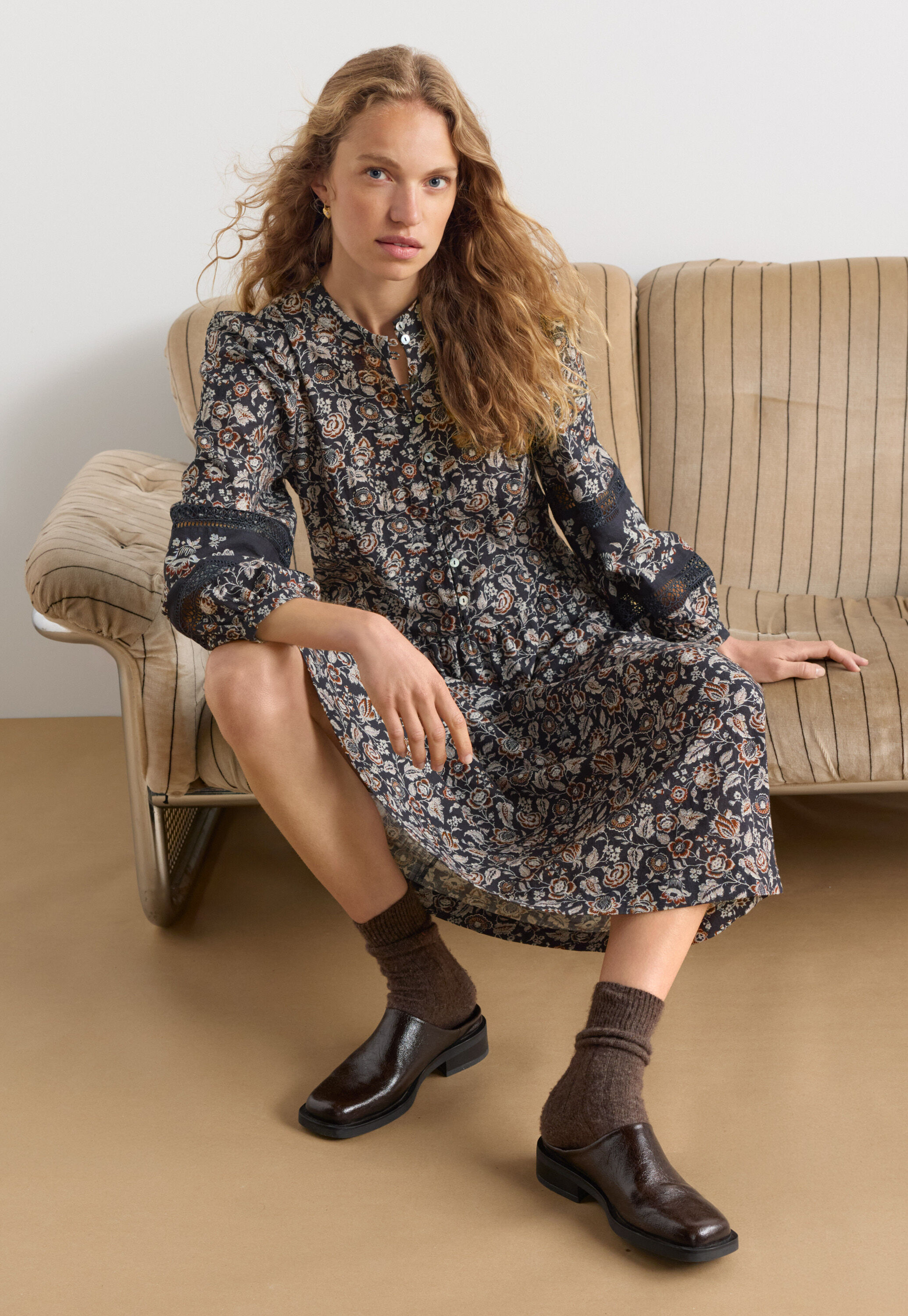 Dropped waist printed dress, Charcoal mink, large