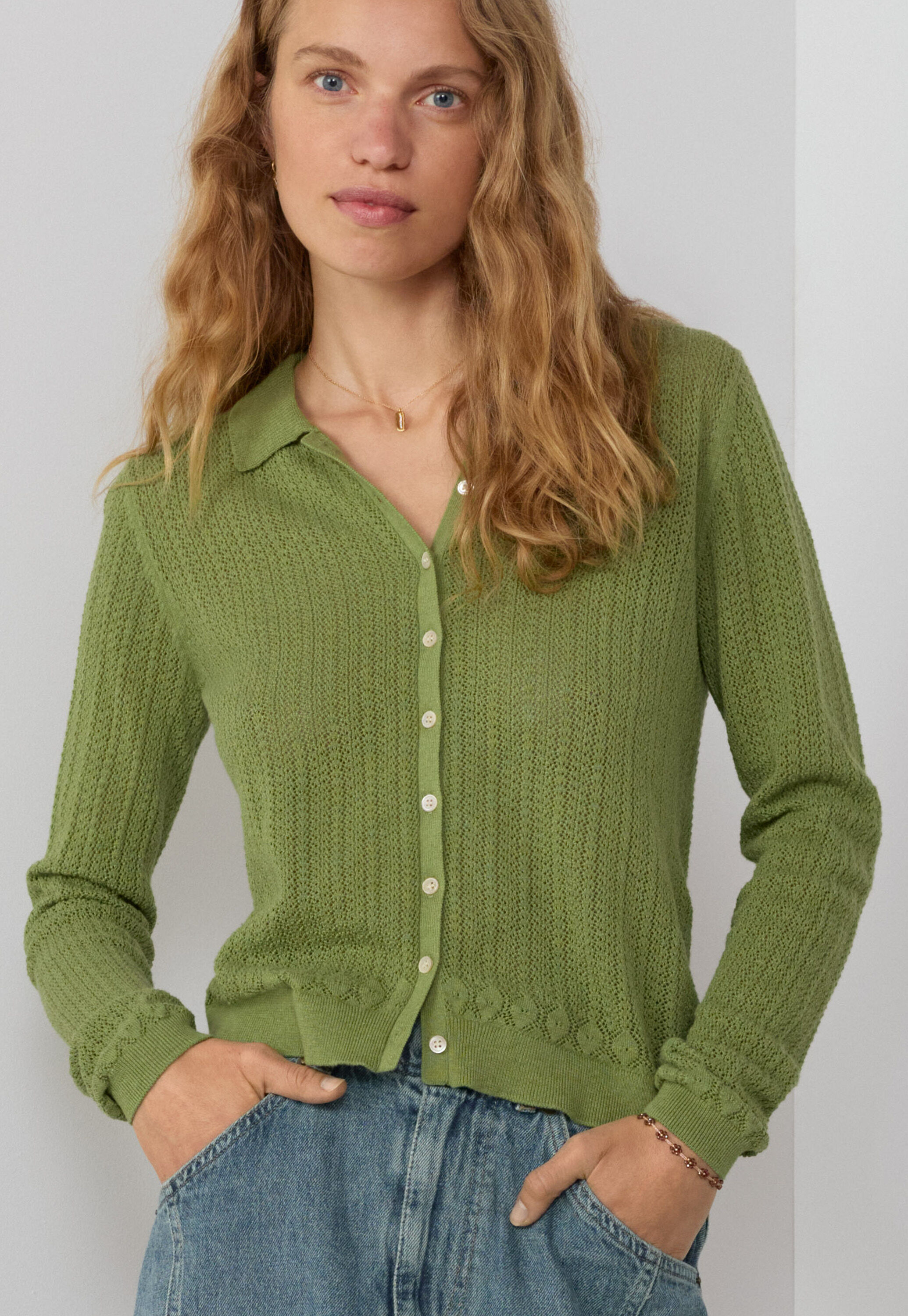 Lace-stitch collared cardigan, Leaf green, large