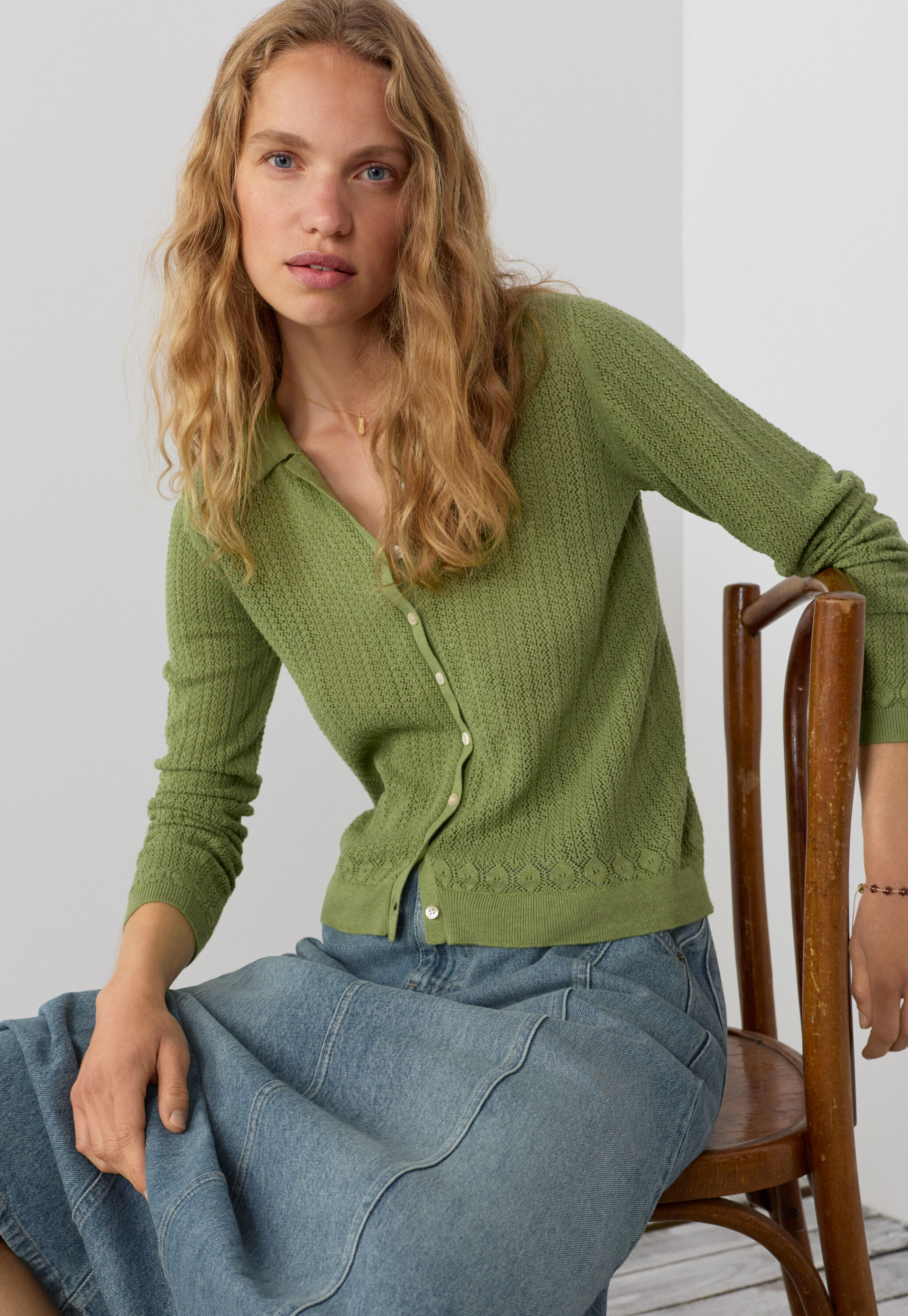 Lace-stitch collared cardigan, Leaf green, large