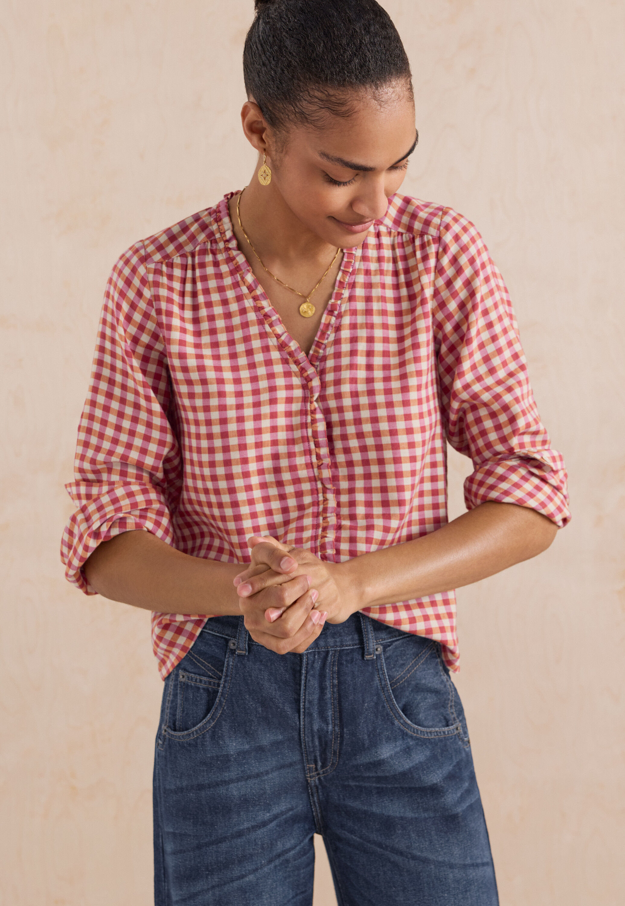 Frill gingham blouse, Berry orange, large