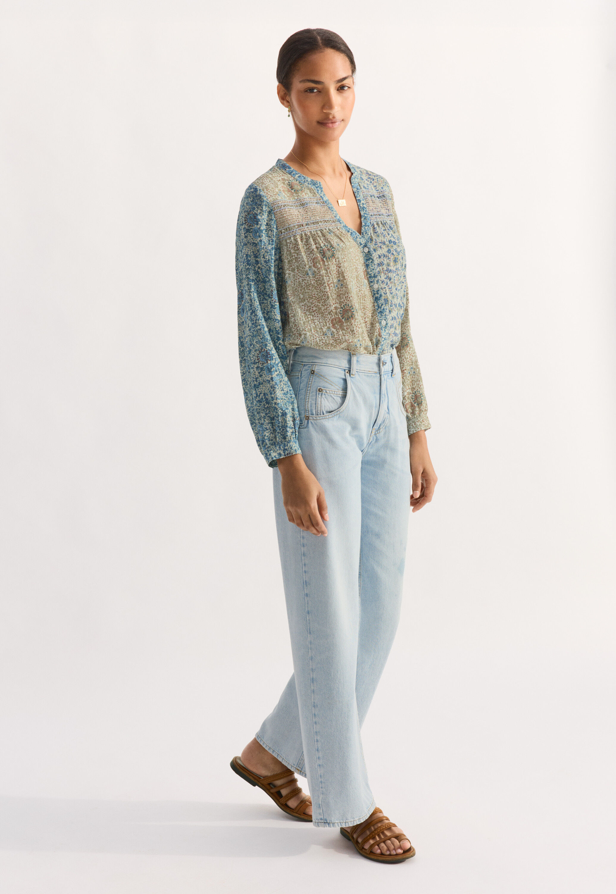 Printed shirring blouse