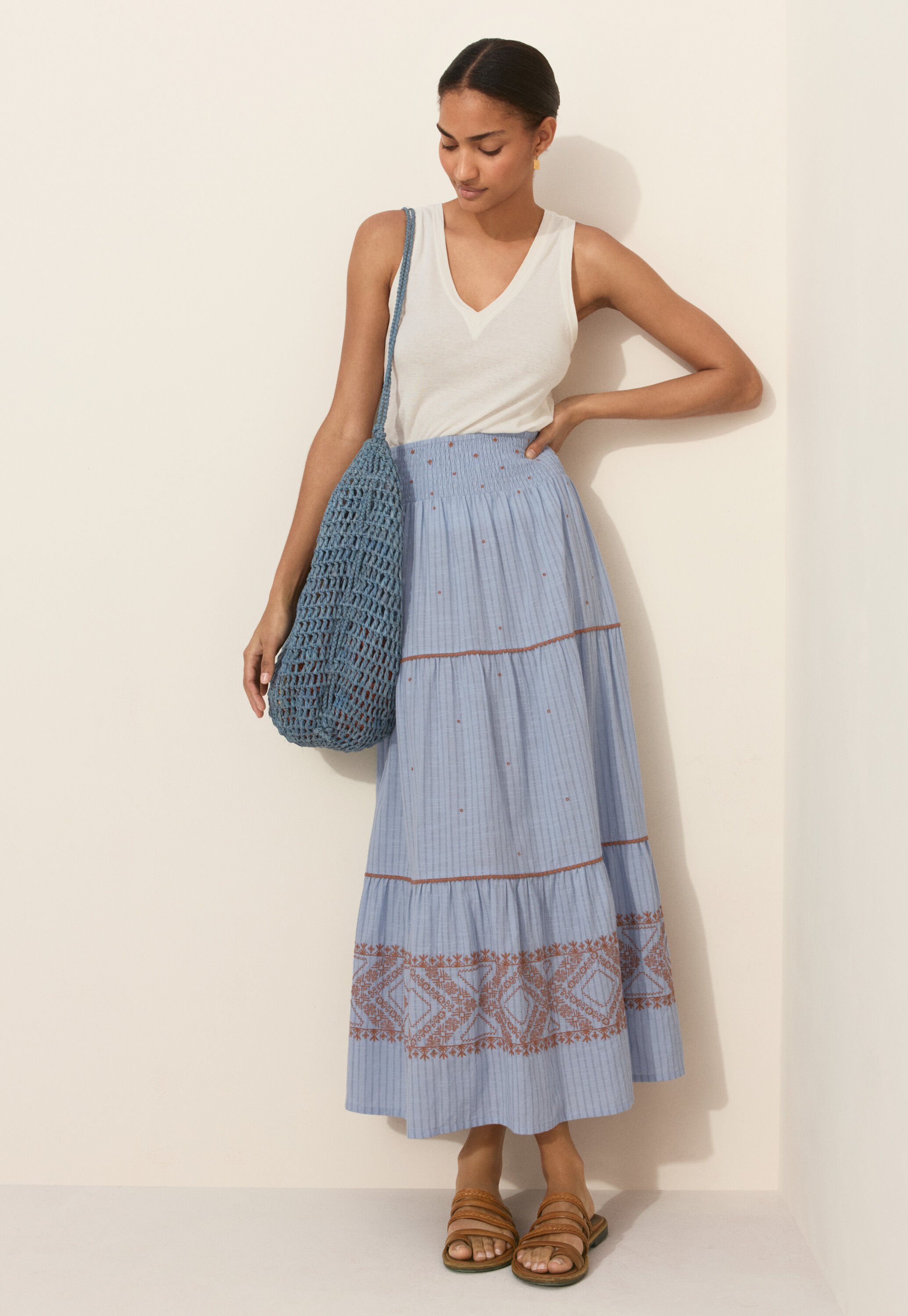 Embroidered striped skirt