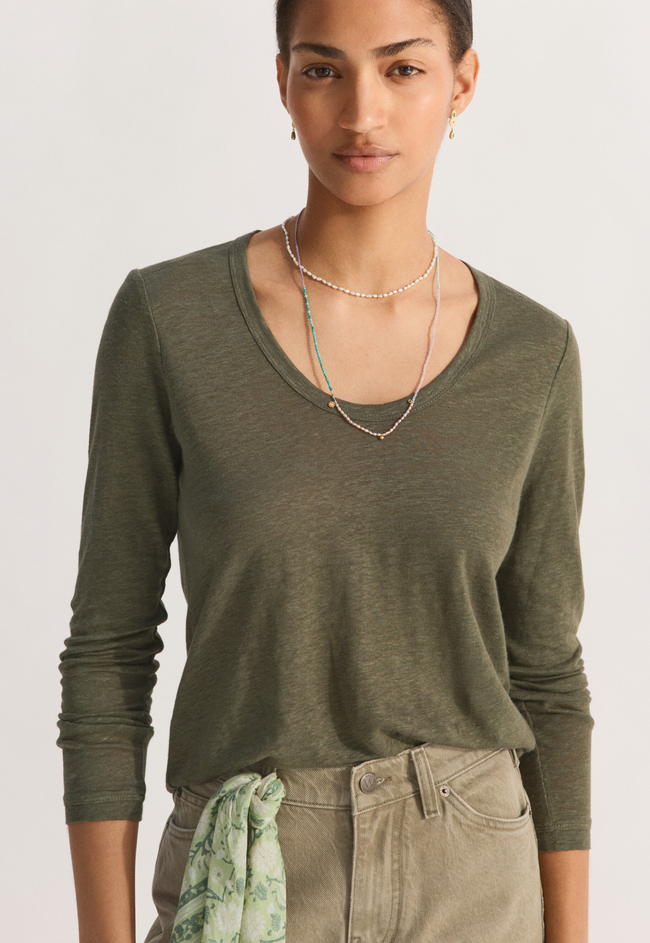 Long-sleeved scoop-neck top
