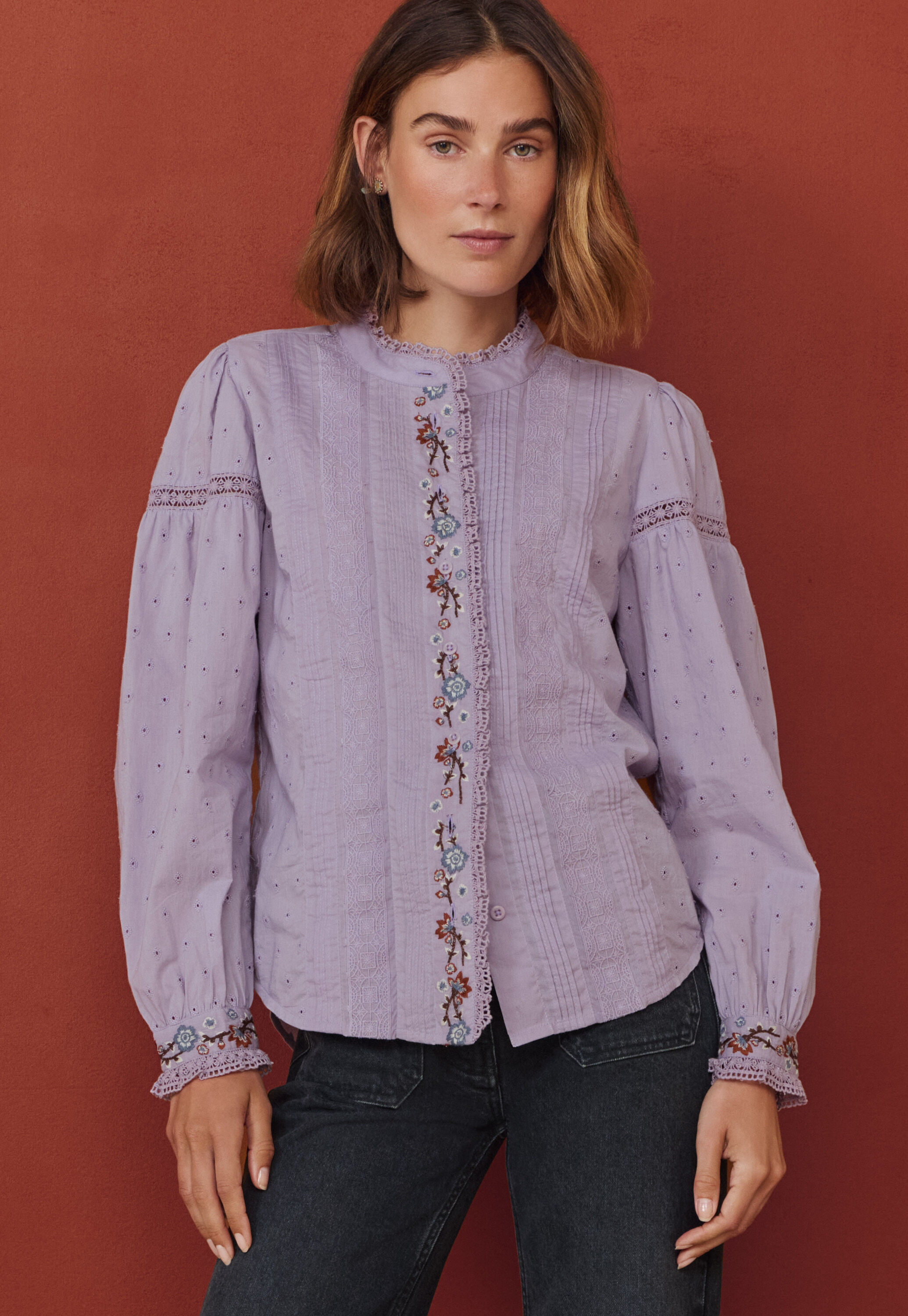 Embroidered broderie blouse, Lavender, large