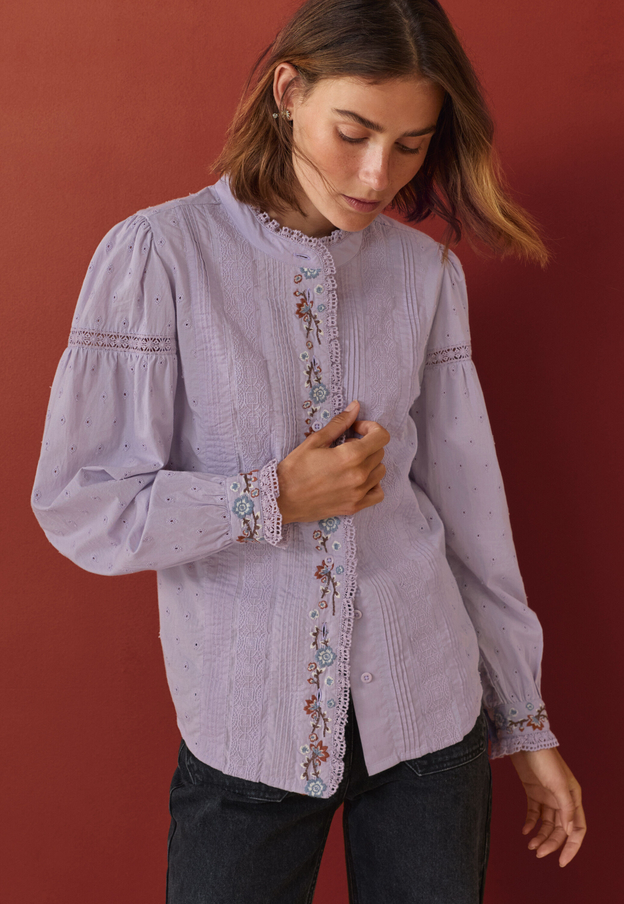 Embroidered broderie blouse, Lavender, large