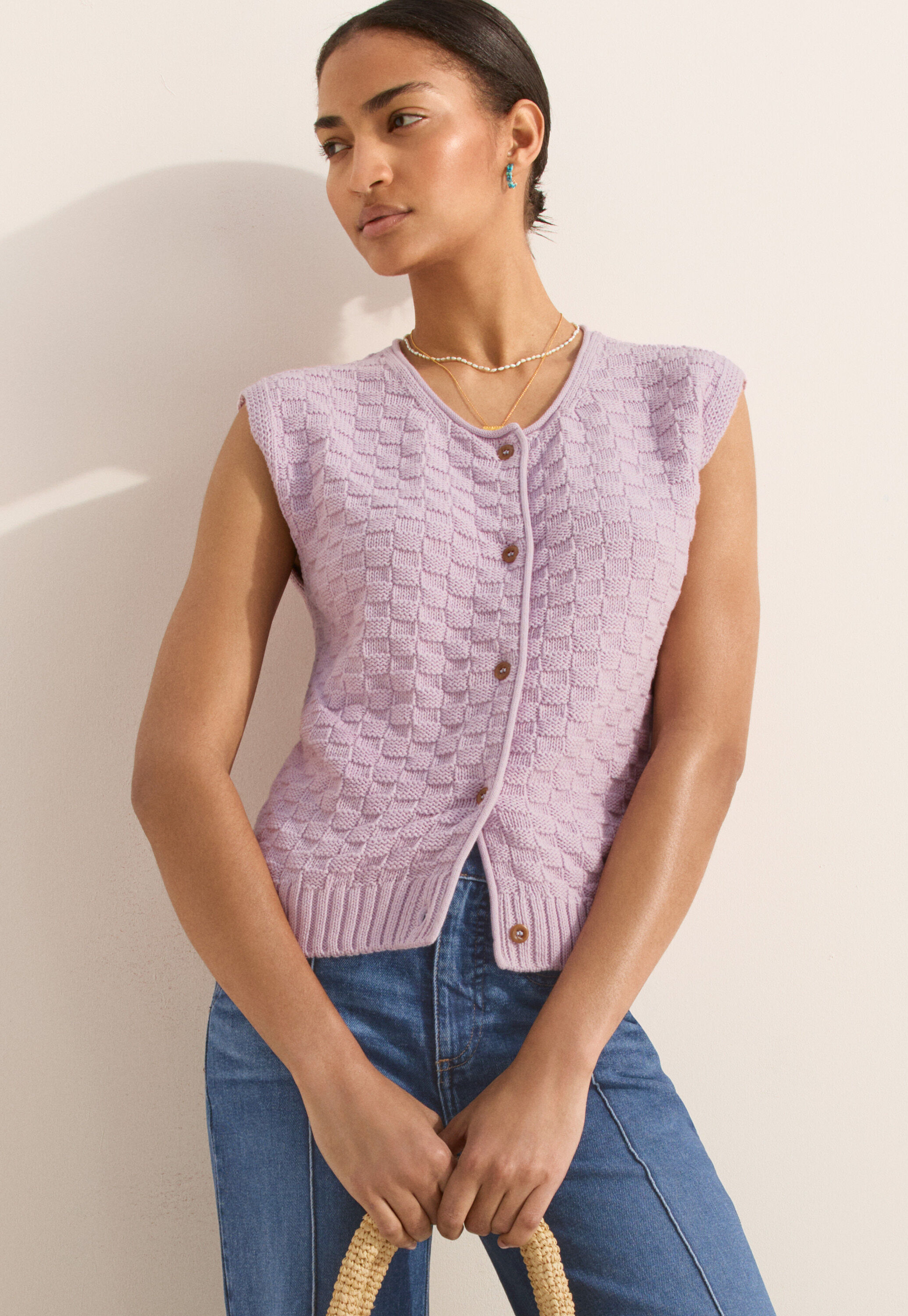 Basket-stitch sleeveless sweater